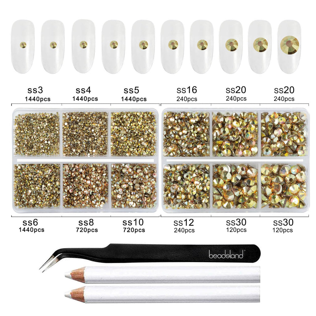 Beadsland 8300Pcs Flatback Rhinestones Kit – Gold Nail Gems in 10 Sizes SS3-SS30 with Wax Pencil & Tweezers