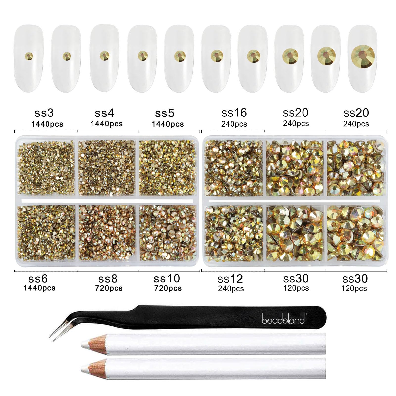 Beadsland 8300Pcs Flatback Rhinestones Kit – Gold Nail Gems in 10 Sizes SS3-SS30 with Wax Pencil & Tweezers