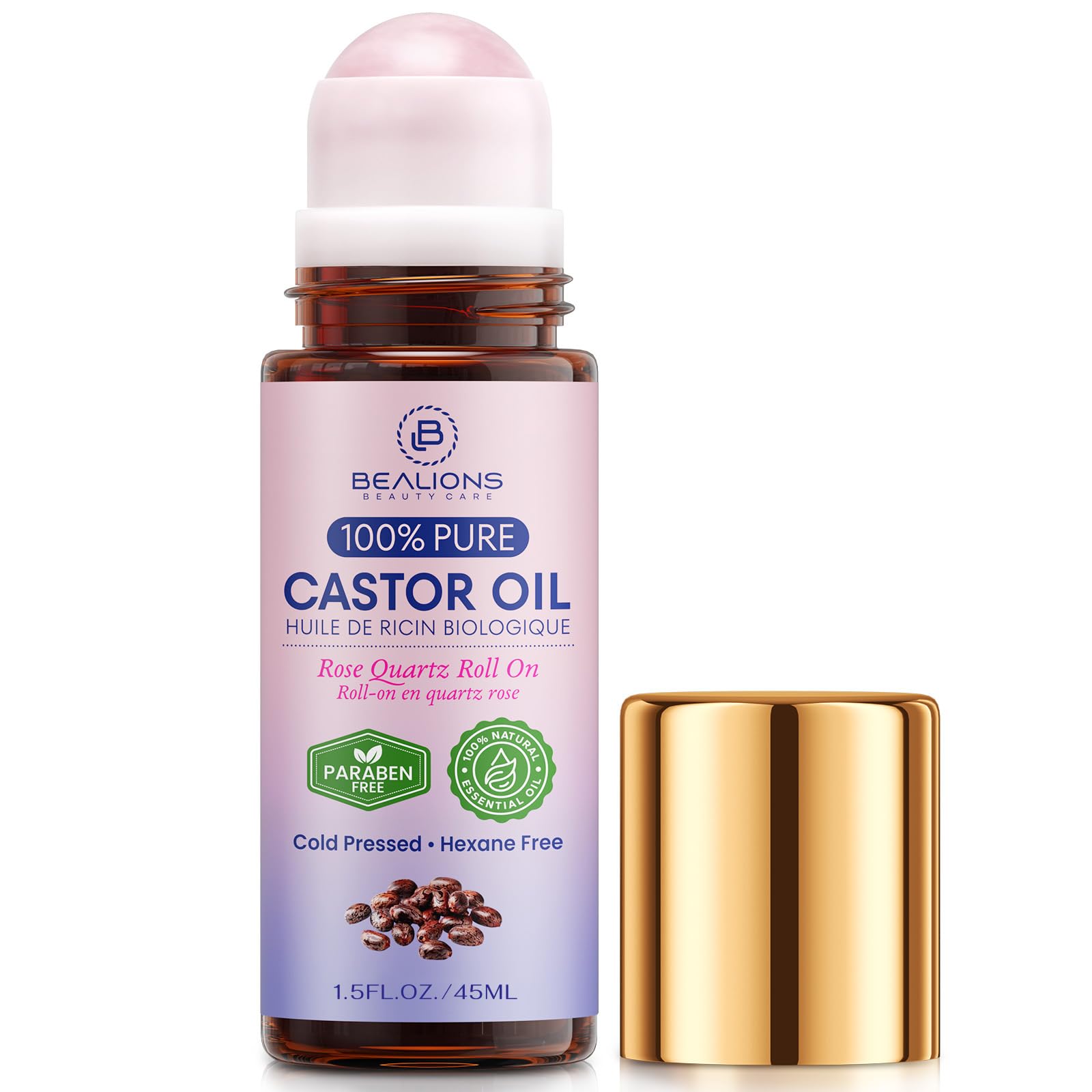Bealions Castor Oil Roll-On for Face – Rose Quartz Roller, Cold-Pressed, Hexane-Free Hydration