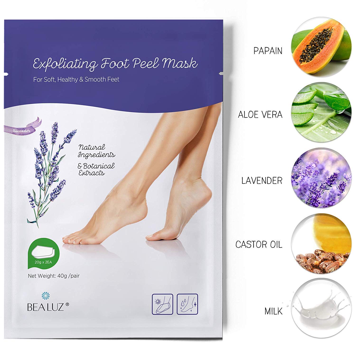 Bealuz Foot Peel Mask – 2 Pairs Exfoliating Booties for Softer Feet in 1-2 Weeks (Lavender)