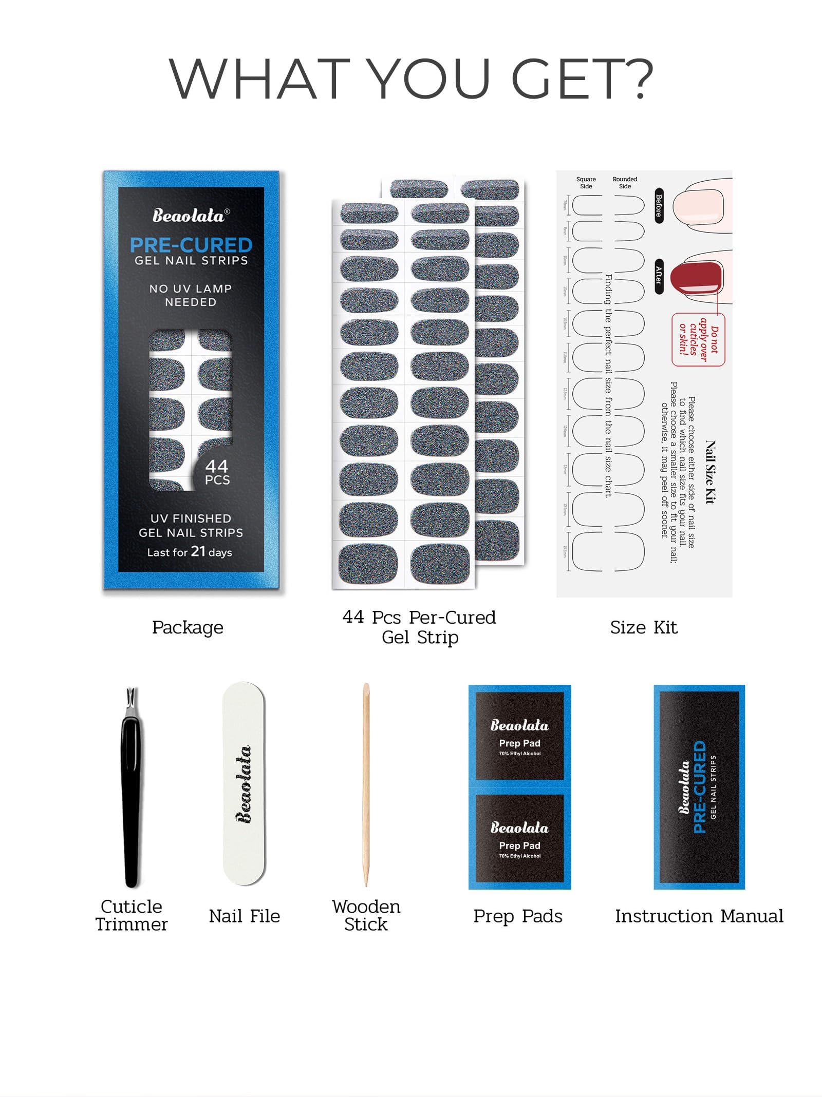 Beaolata Pre-Cured Gel Nail Strips – 44PCS Salon-Quality, No UV Light Needed