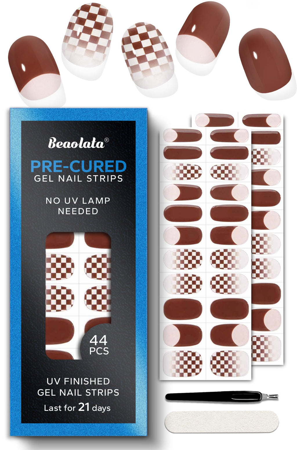 Beaolata Chestnut Brown Pre-Cured Gel Nail Strips – 44PCS, No UV Light Needed