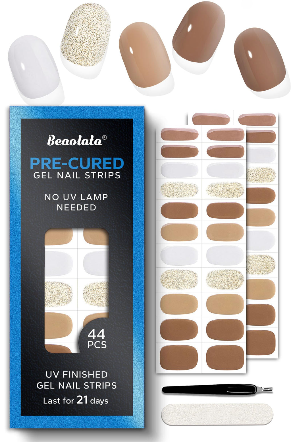 Beaolata Pre-Cured Gel Nail Strips – 44PCS Cinnamon Brown | No UV Needed
