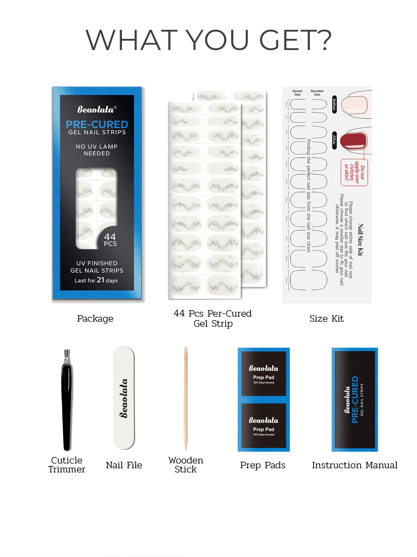 Beaolata Pre-Cured Gel Nail Strips – 44 PCS Salon-Quality, No UV Needed, Easy Apply & Remove (Midnight White)
