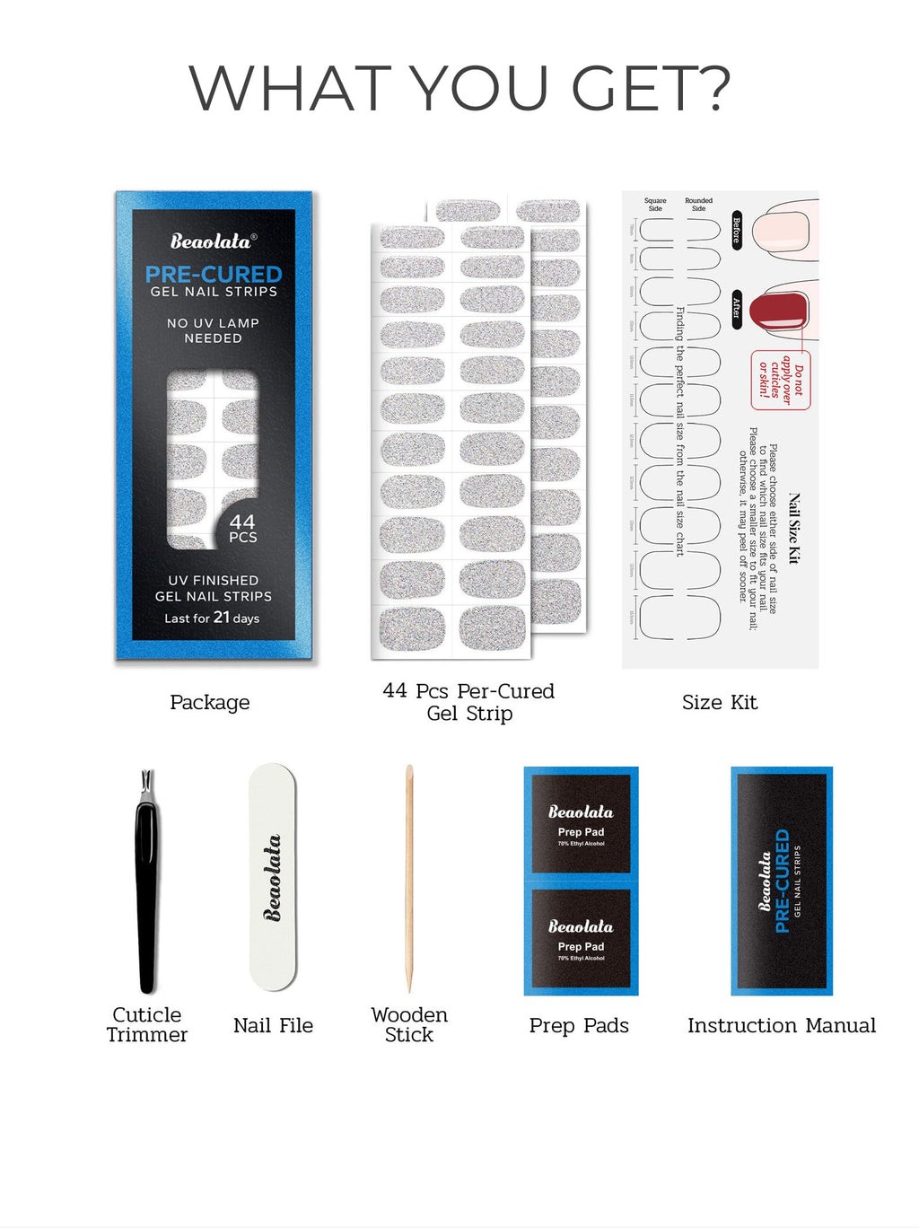 Beaolata Pre-Cured Gel Nail Strips – 44PCS Salon Quality, No UV Needed, Ethereal Silver