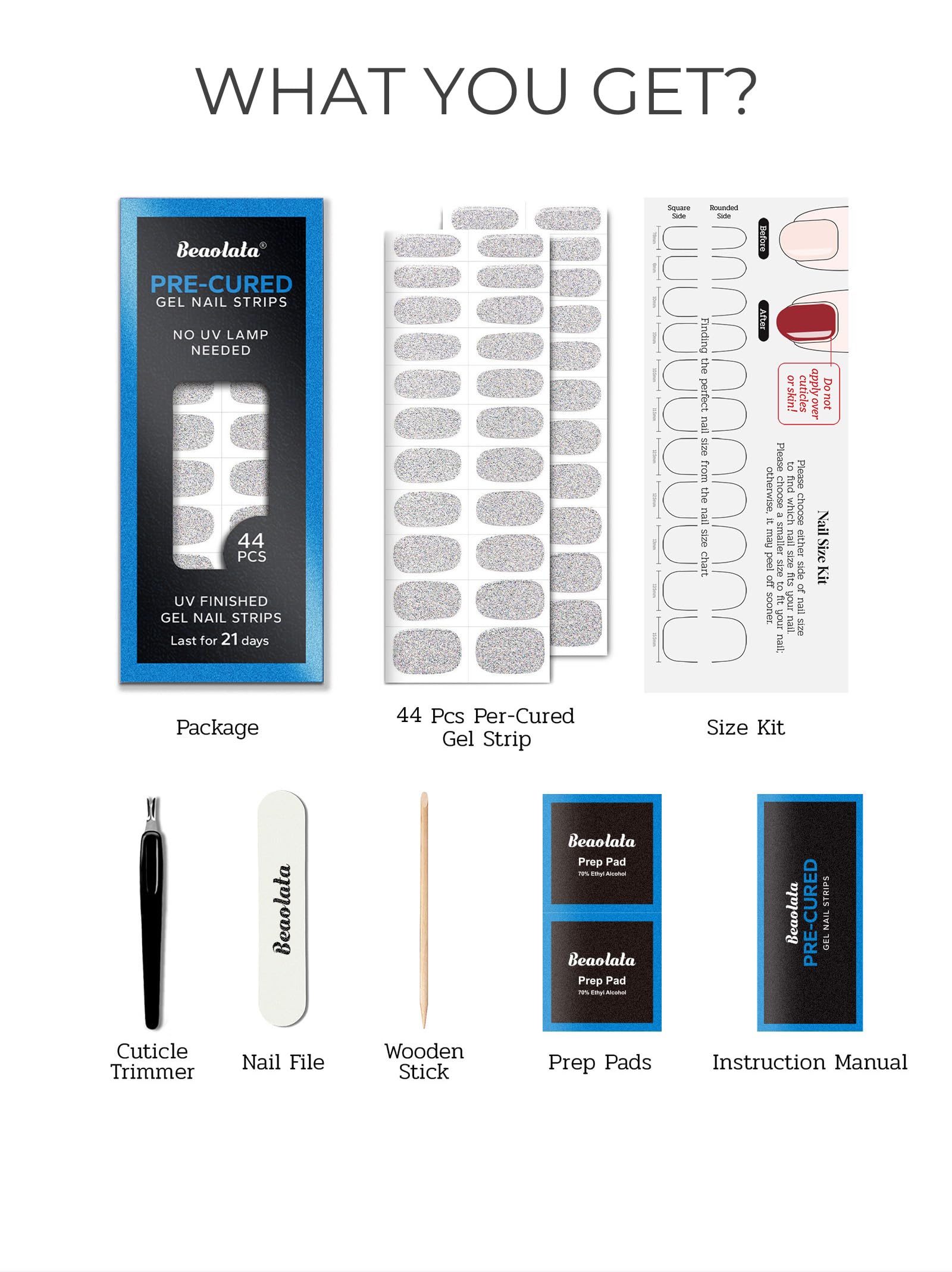 Beaolata Pre-Cured Gel Nail Strips – 44PCS Salon Quality, No UV Needed, Ethereal Silver
