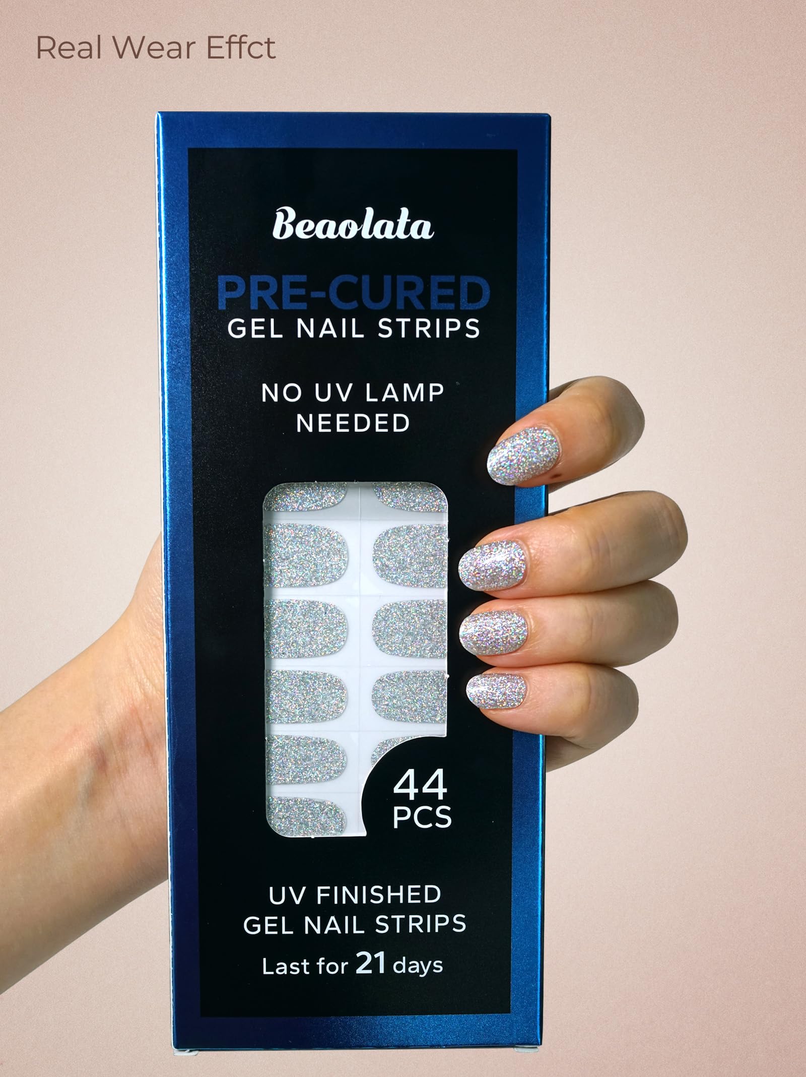 Beaolata Pre-Cured Gel Nail Strips – 44PCS Salon Quality, No UV Needed, Ethereal Silver