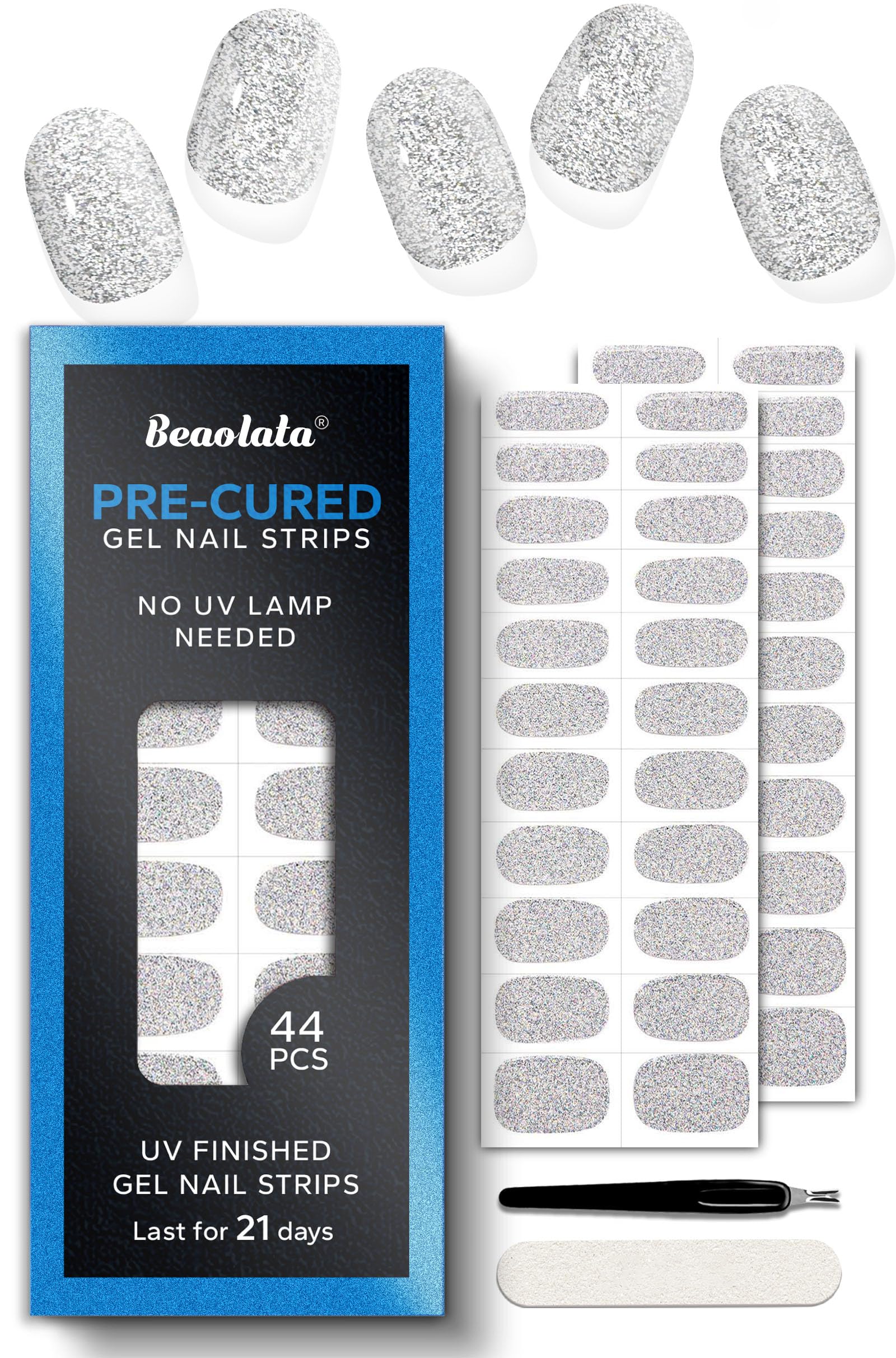 Beaolata Pre-Cured Gel Nail Strips – 44PCS Salon Quality, No UV Needed, Ethereal Silver