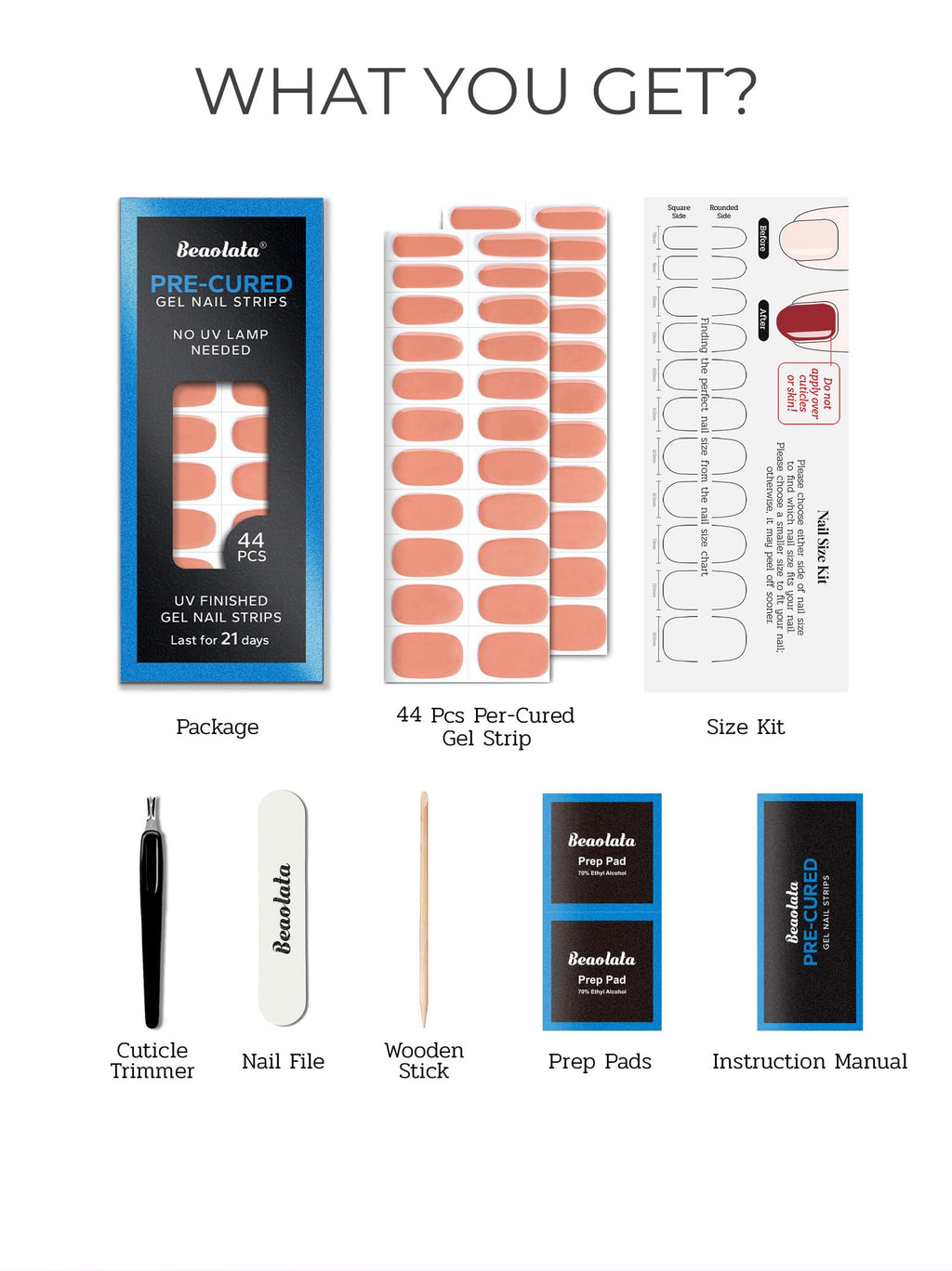 Beaolata Pre-Cured Gel Nail Strips – 44pcs Salon Quality, No UV Needed (Coral Orange)