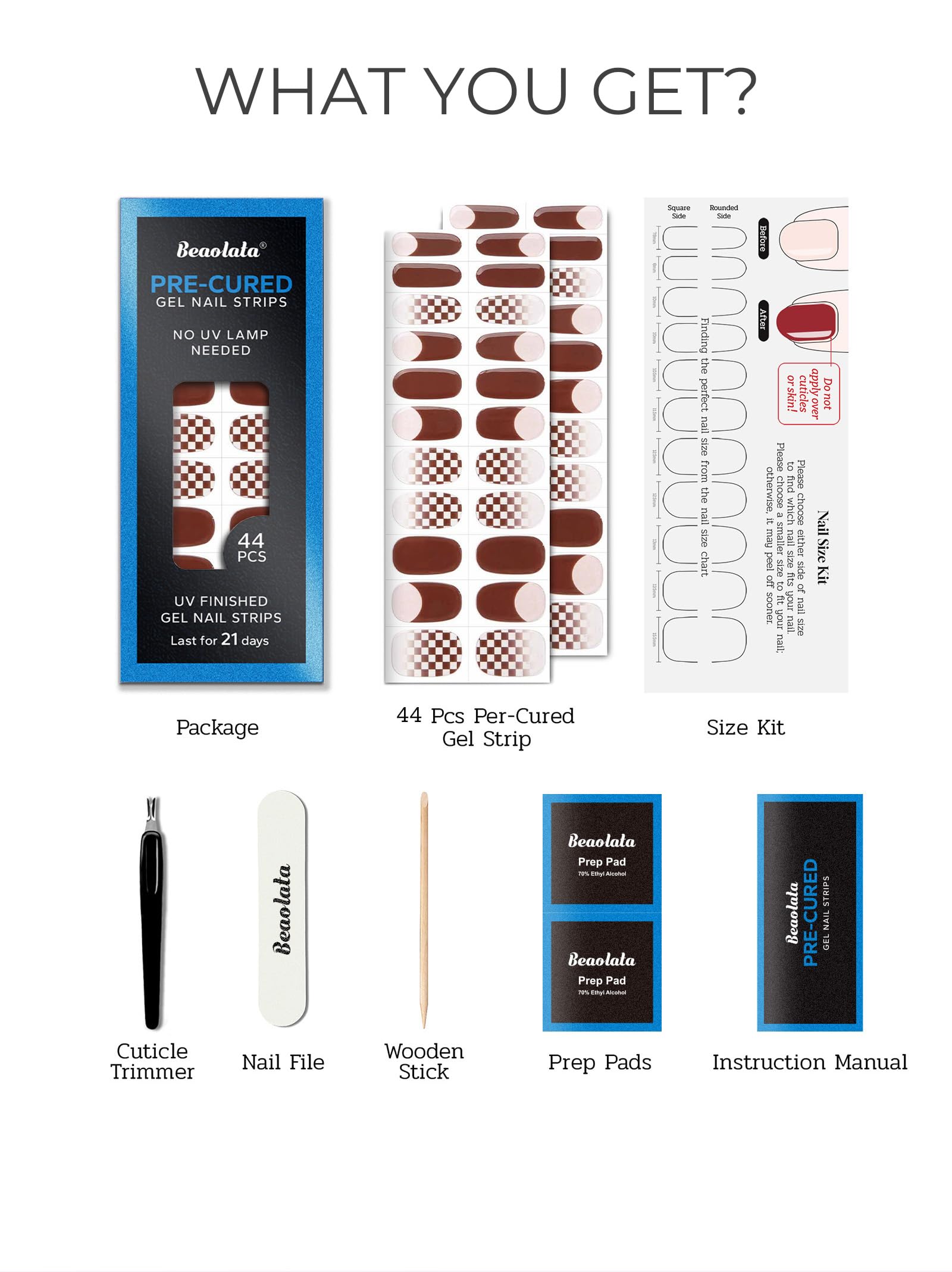 Beaolata Chestnut Brown Pre-Cured Gel Nail Strips – 44PCS, No UV Light Needed