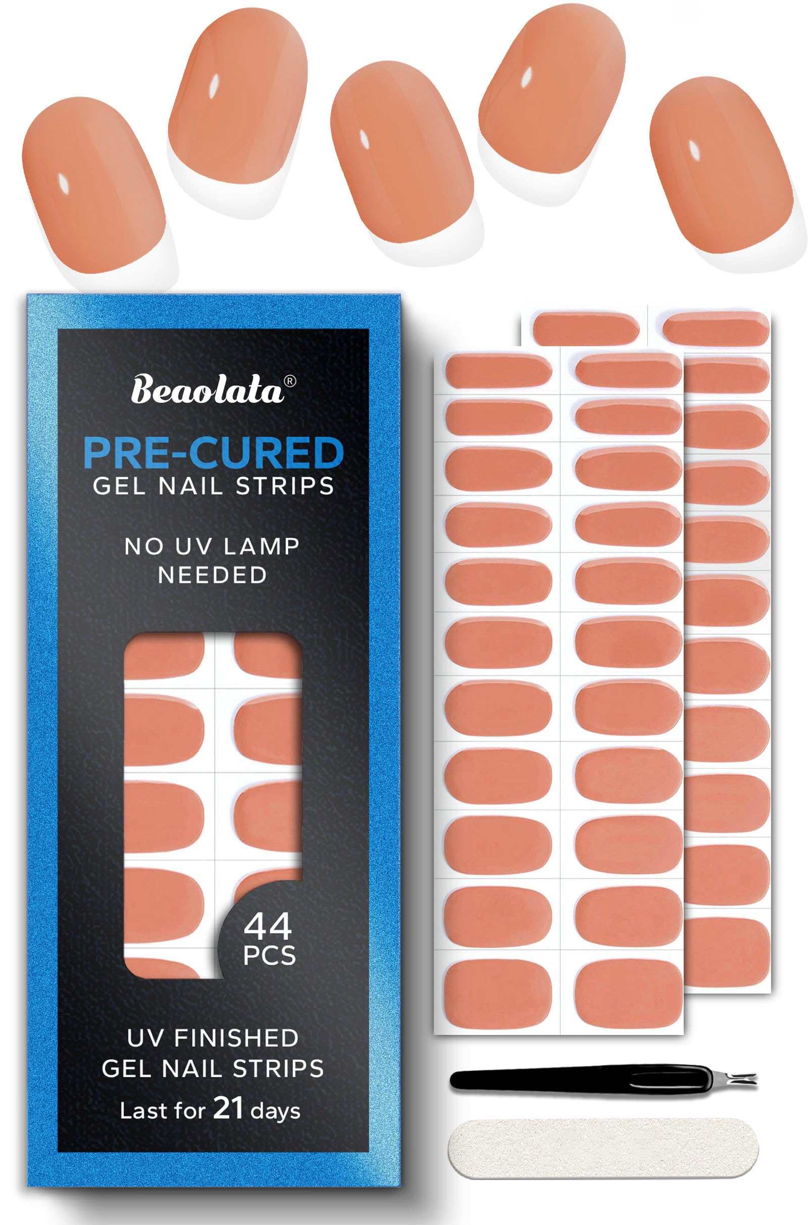 Beaolata Pre-Cured Gel Nail Strips – 44pcs Salon Quality, No UV Needed (Coral Orange)
