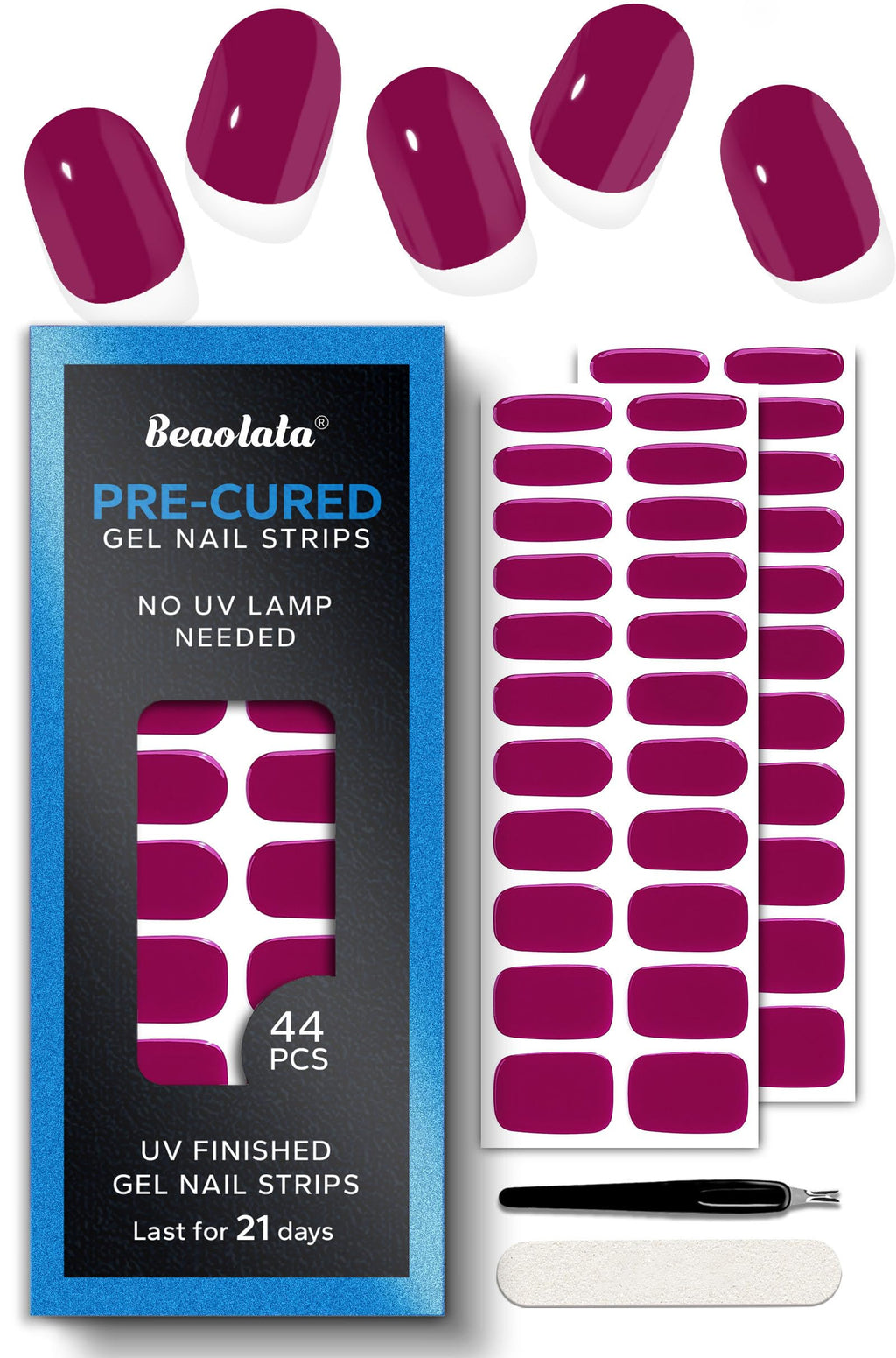 Beaolata Pre-Cured Gel Nail Strips – 44PCS, Salon-Quality Polish, No UV Light Needed (Tropical Pink)
