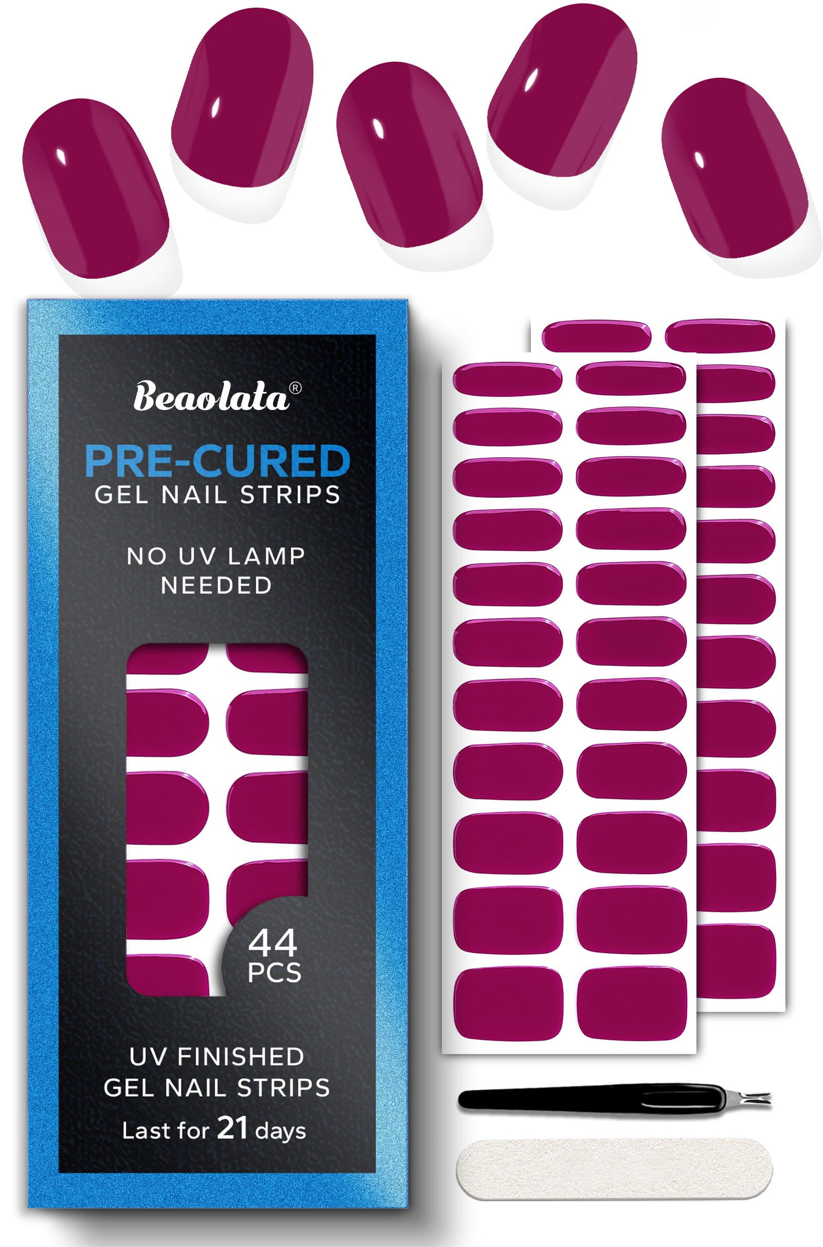 Beaolata Pre-Cured Gel Nail Strips – 44PCS, Salon-Quality Polish, No UV Light Needed (Tropical Pink)