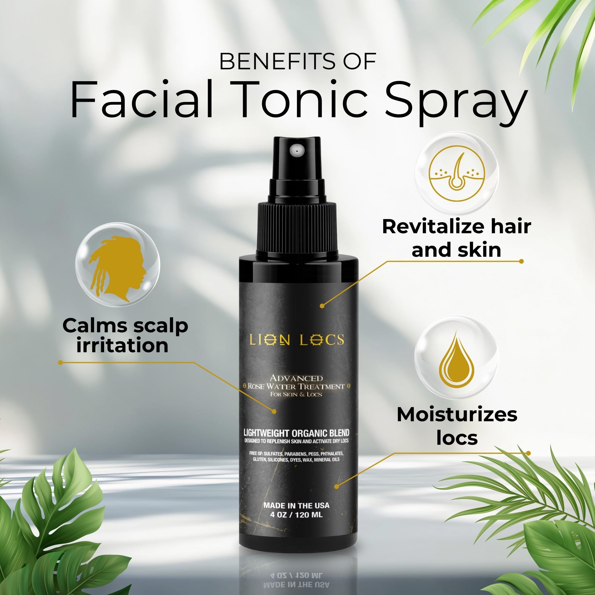 Beard Gains Lion Locs Rosewater Moisturizing Spray – Lightweight Hydration for Locs & Skin (4oz, Nuda)