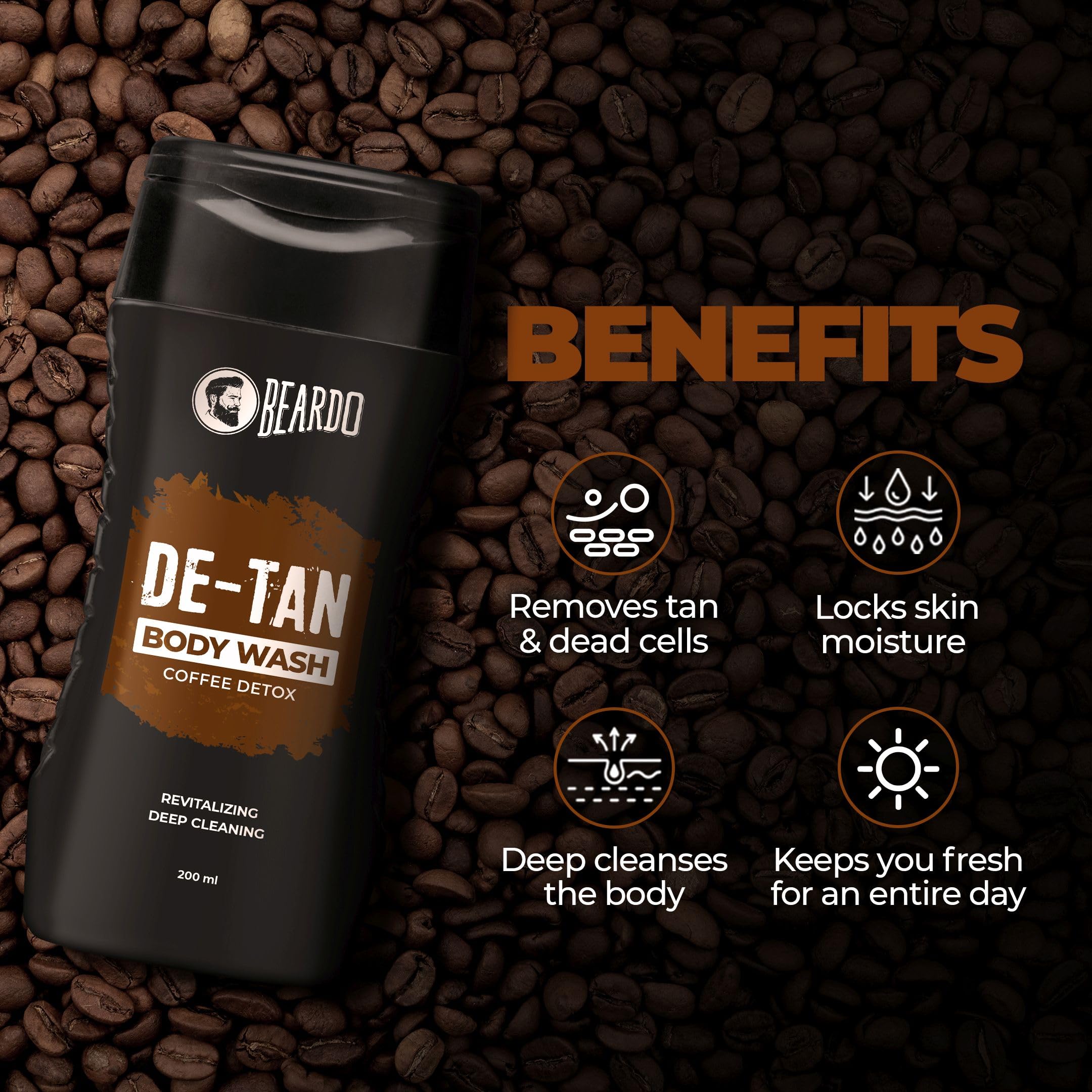 BEARDO LiveMoor De-Tan Body Wash for Men – 200ml | Coffee & Aloe, Deep Cleanse & Tan Removal
