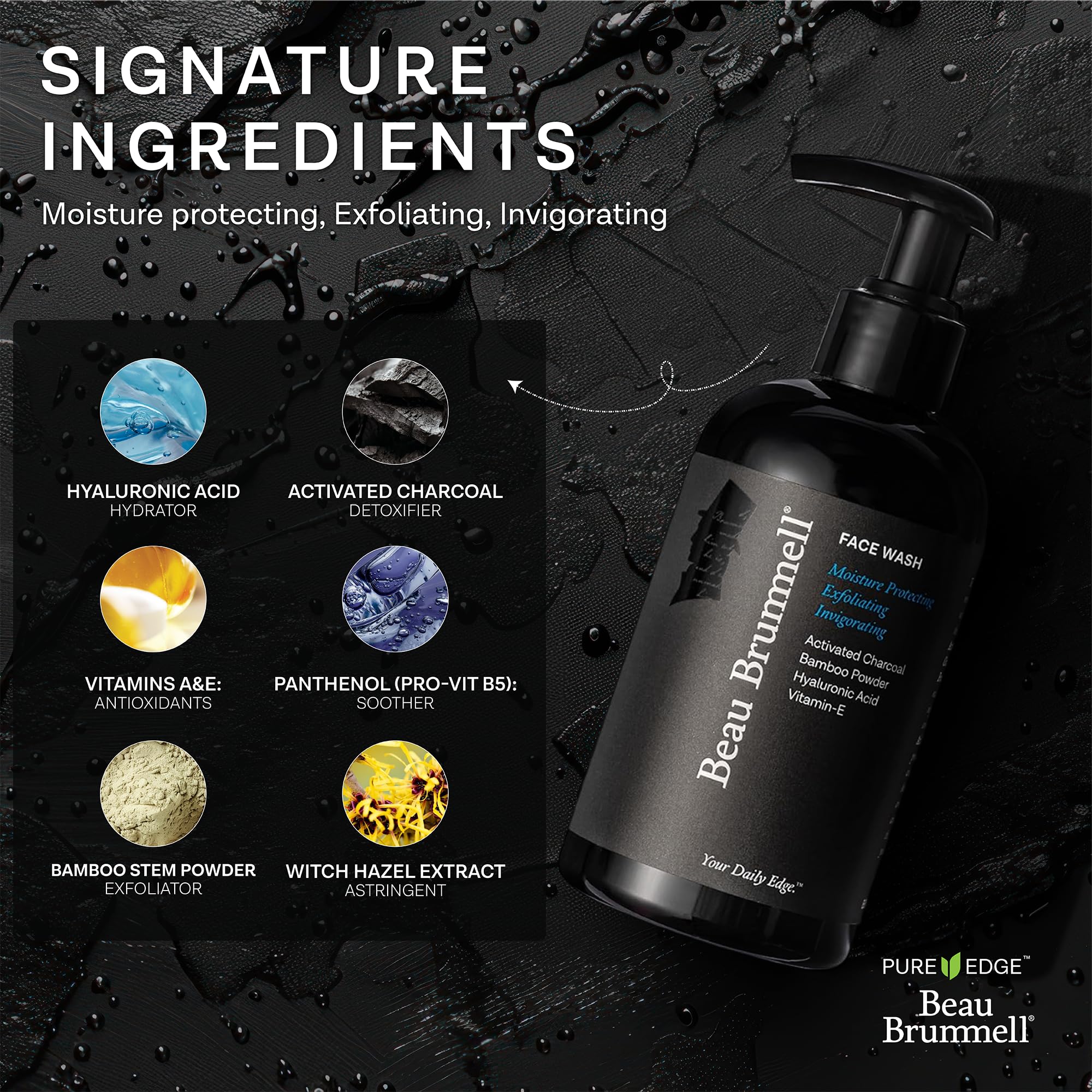 Beau Brummell Activated Charcoal Face Wash for Men | Hyaluronic Acid & Bamboo Powder