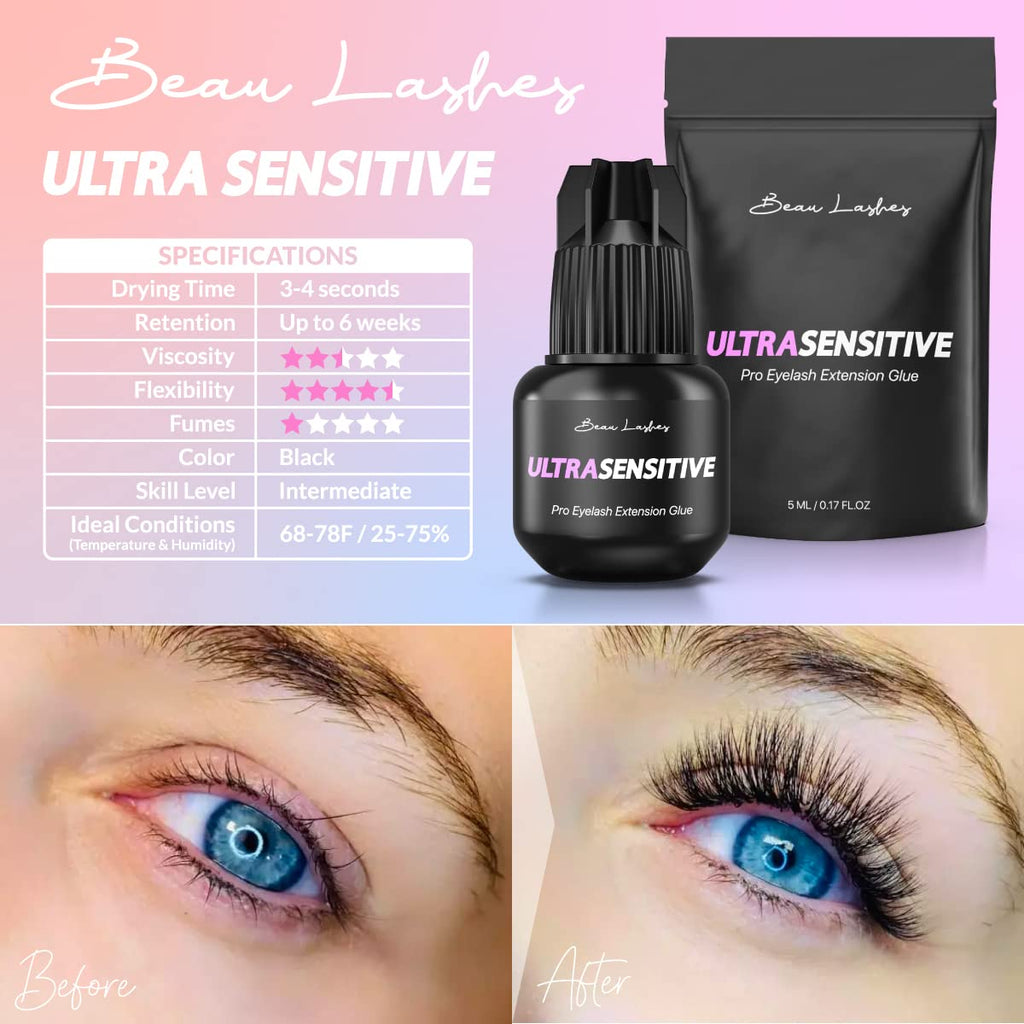 Beau Lashes Sensitive Eyelash Extension Glue — Low Humidity, Fast Drying, 6 Weeks Retention for Professionals