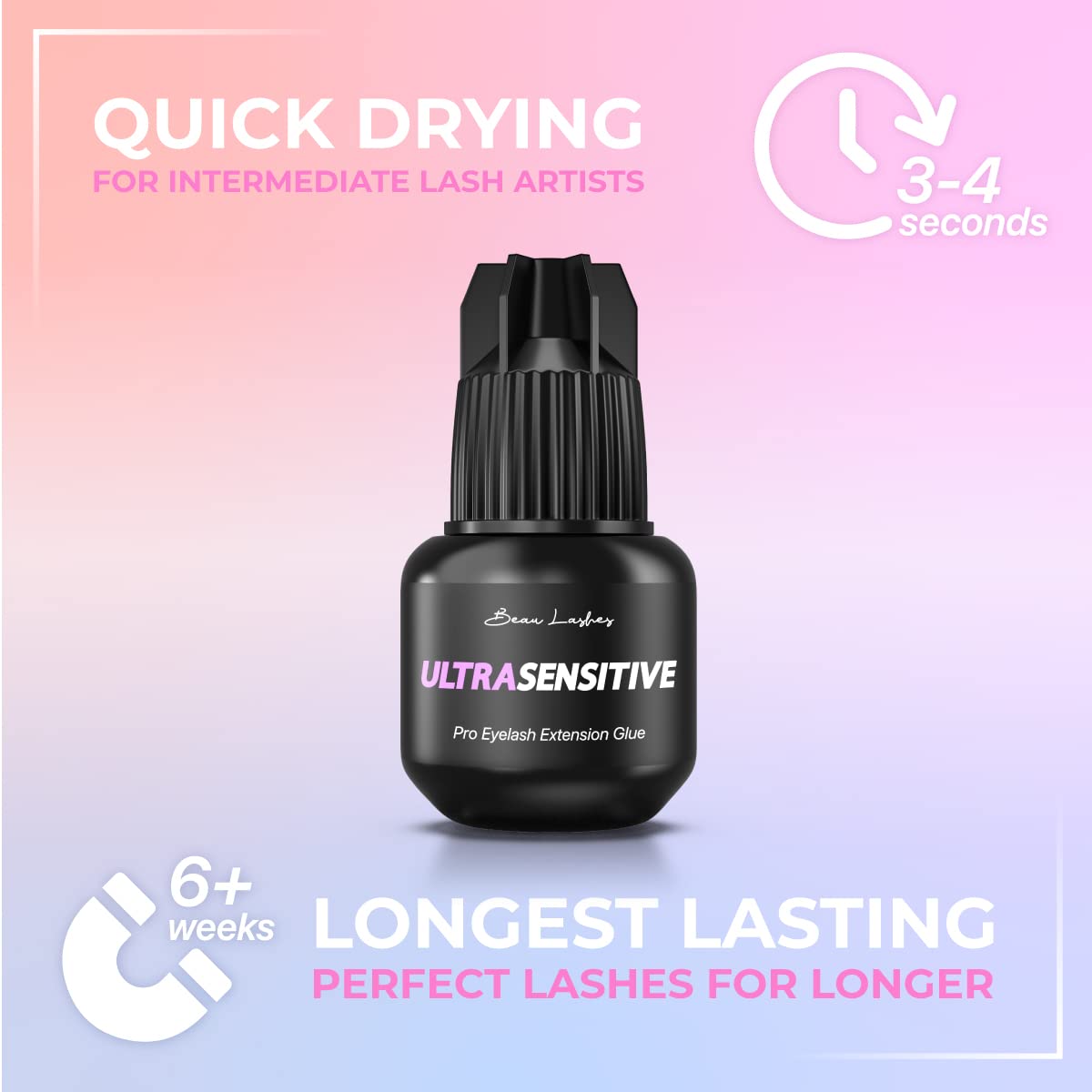 Beau Lashes Sensitive Eyelash Extension Glue — Low Humidity, Fast Drying, 6 Weeks Retention for Professionals