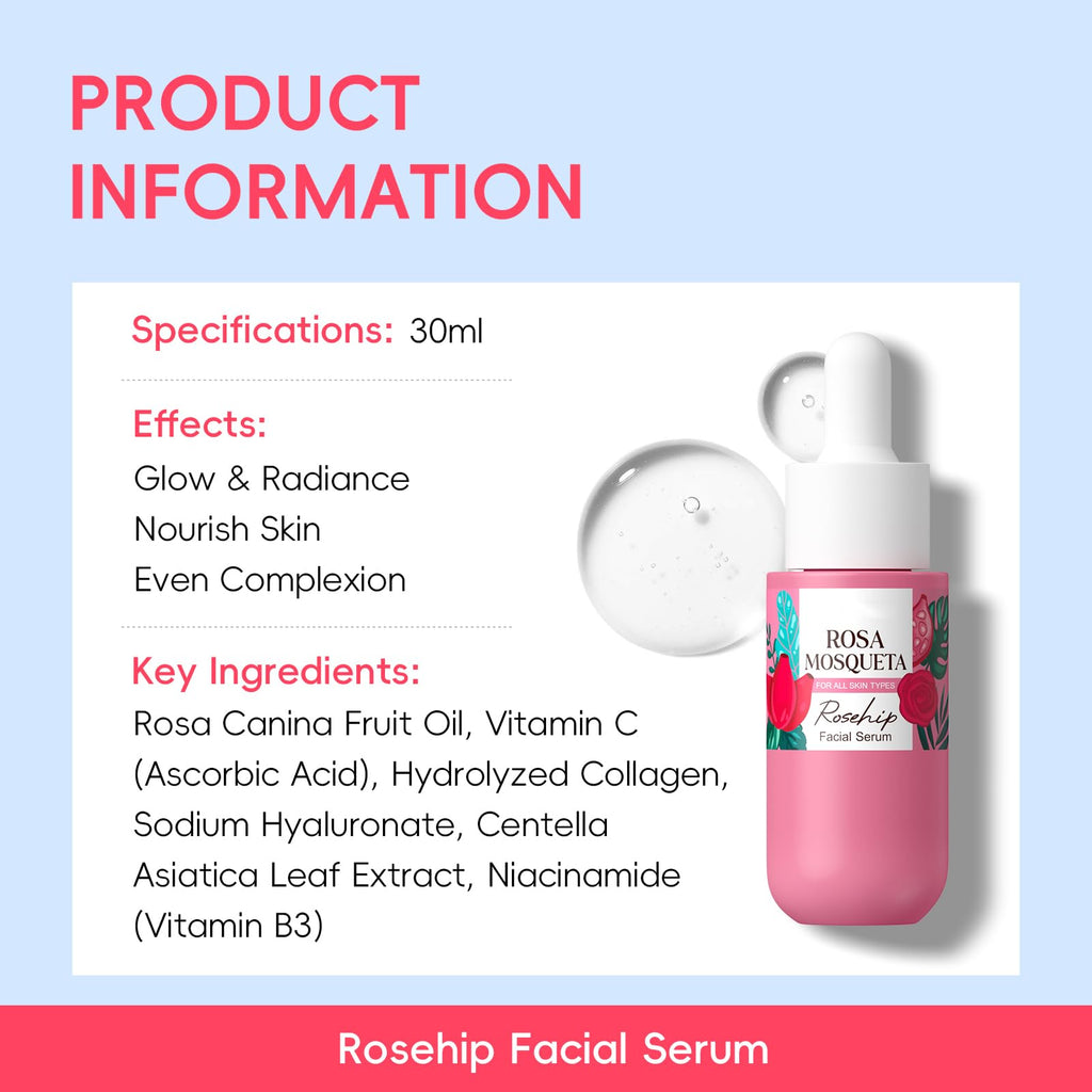 BeauBase Rosehips Korean Style 5-Step Skin Care Set | Cleanser, Toner, Serum, Eye Cream, Moisturizer