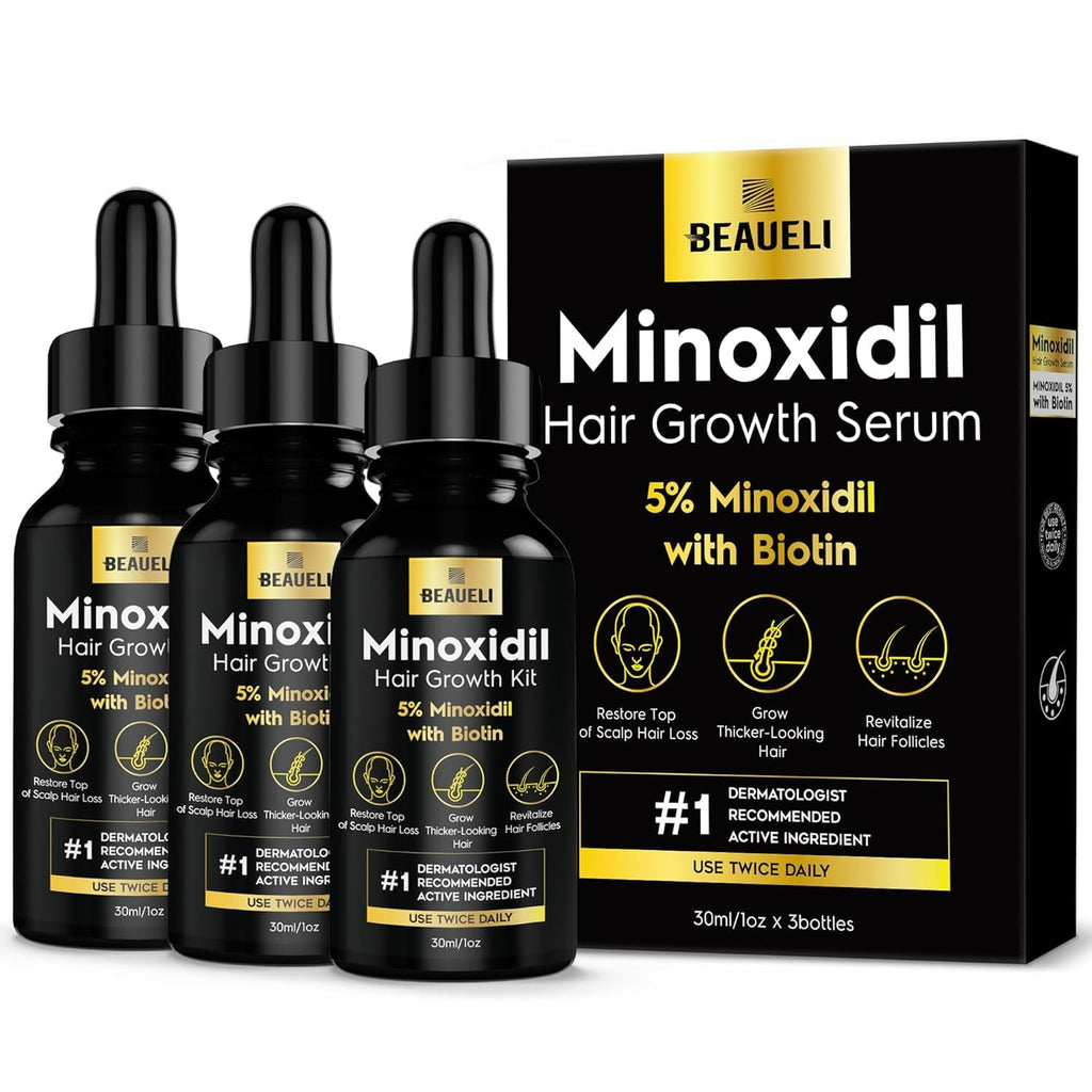 Beaueli 5% Minoxidil for Hair & Beard Growth — Unscented Foam, 3 x 3oz