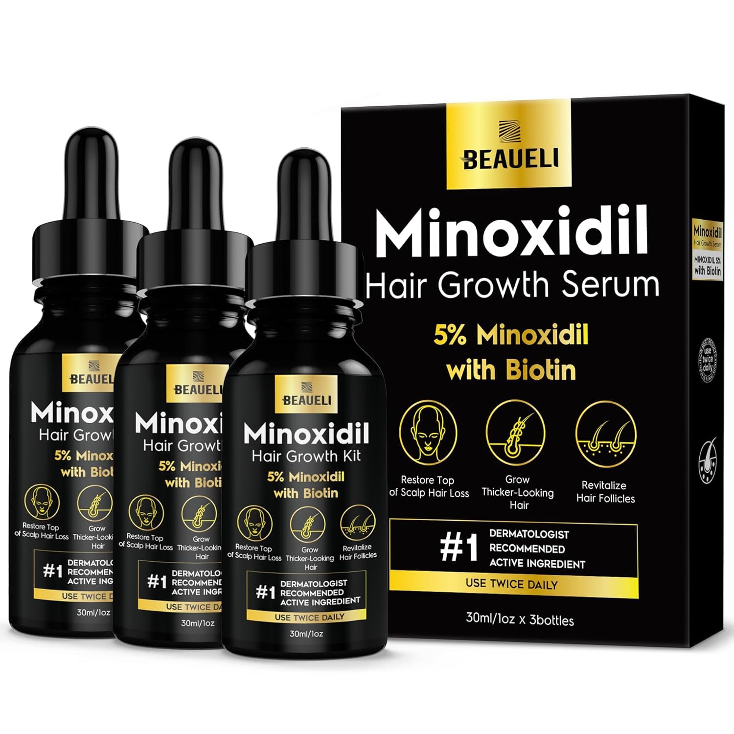 Beaueli 5% Minoxidil for Hair & Beard Growth — Unscented Foam, 3 x 3oz