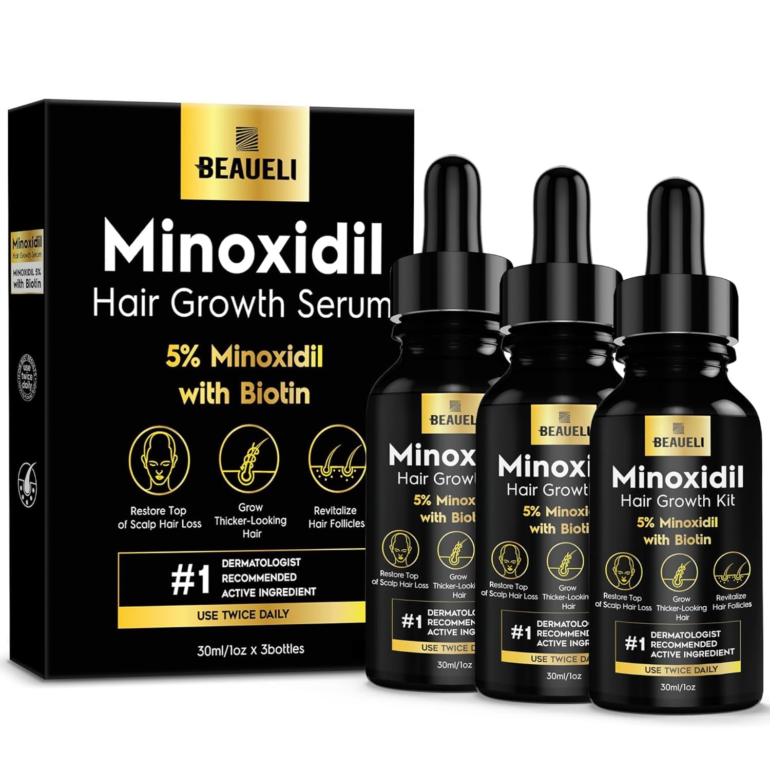 Beaueli 5% Minoxidil Hair Growth Serum for Men & Women – 3x30ml Pack