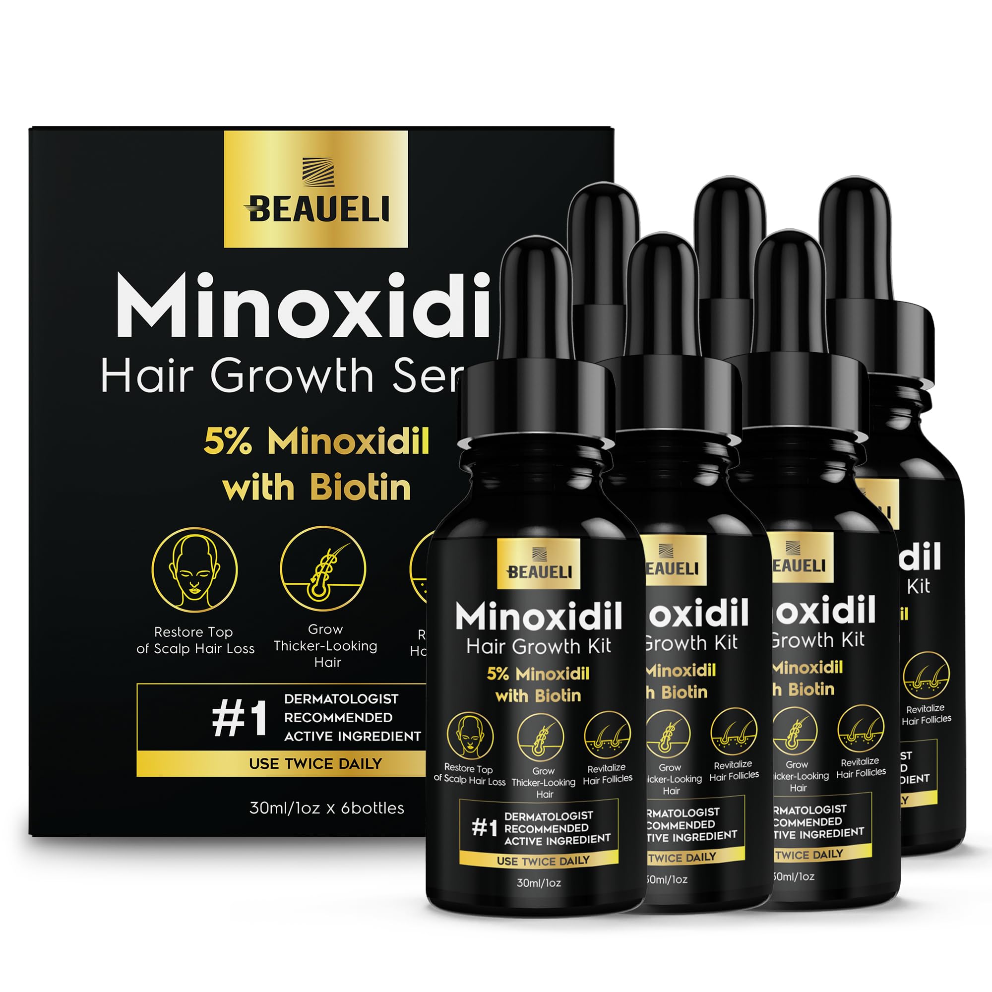 Beaueli 5% Minoxidil Hair & Beard Growth Serum – Extra Strength, Biotin, Unisex (6 Bottles)