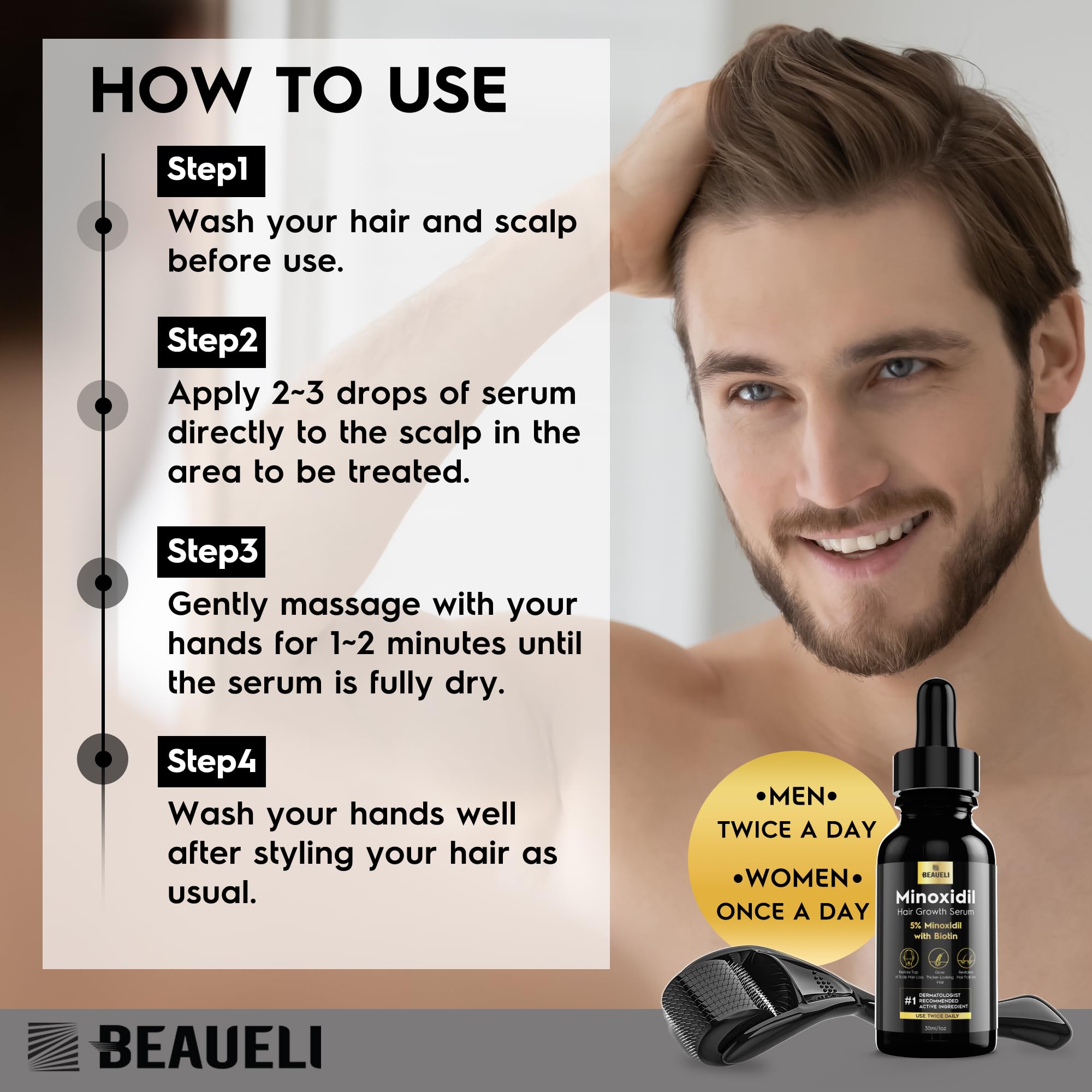 Beaueli 5% Minoxidil Hair Growth Serum for Men & Women – 3x30ml Pack