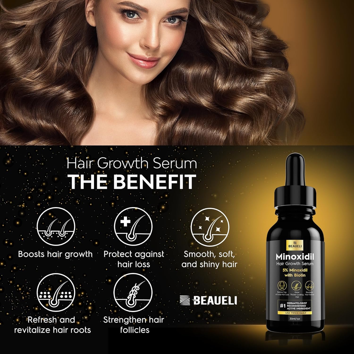 Beaueli 5% Minoxidil Hair & Beard Growth Serum – Extra Strength, Biotin, Unisex (6 Bottles)