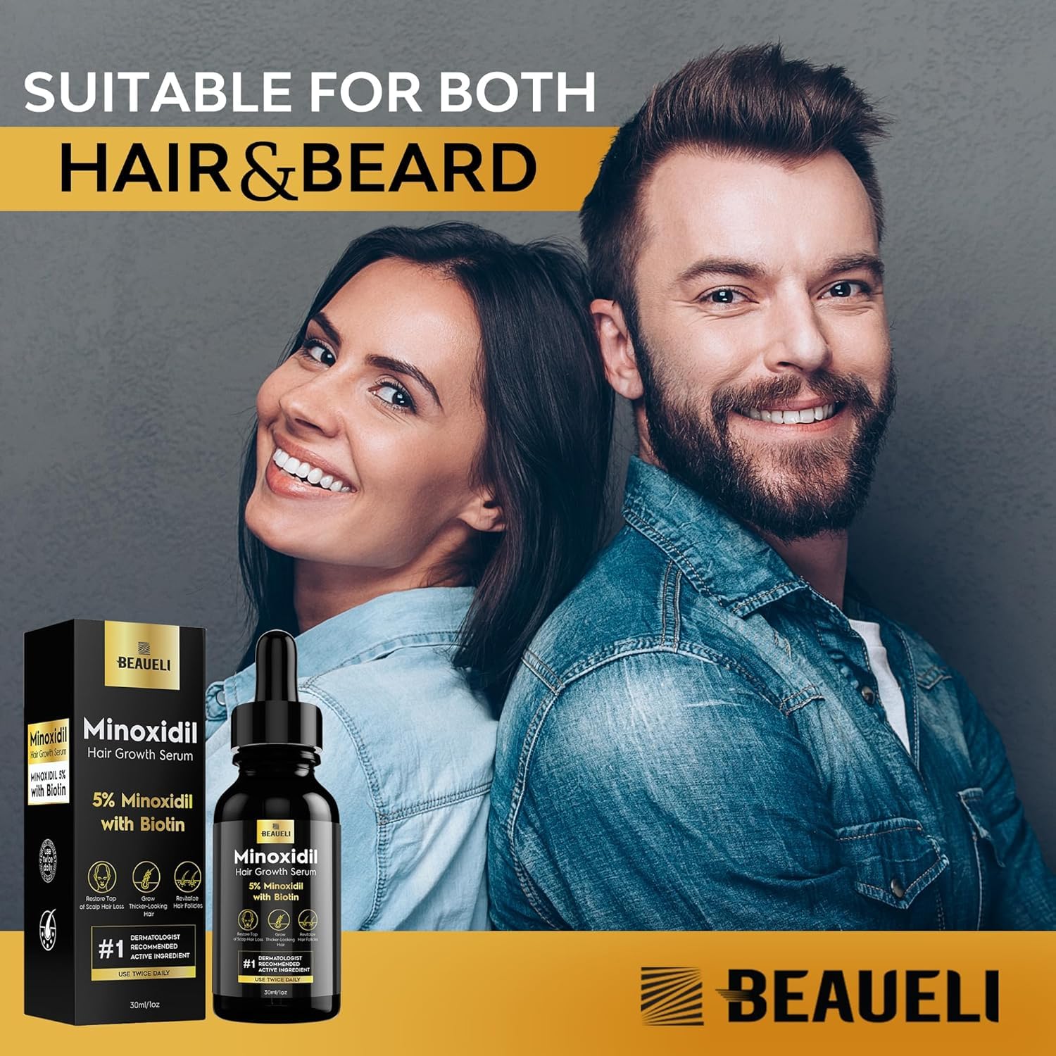Beaueli 5% Minoxidil Hair & Beard Growth Serum – Extra Strength, Biotin, Unisex (6 Bottles)