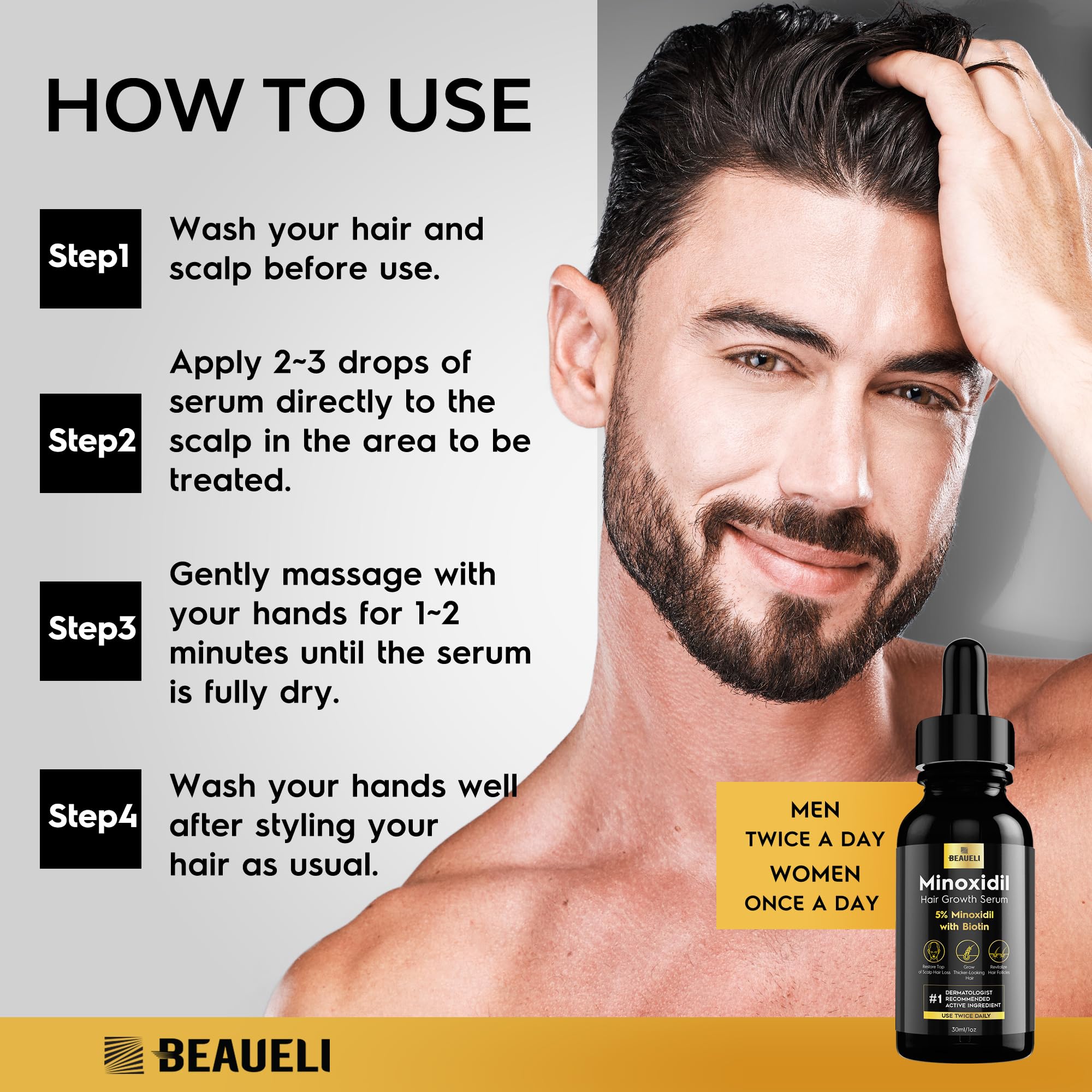 Beaueli 5% Minoxidil for Hair & Beard Growth — Unscented Foam, 3 x 3oz