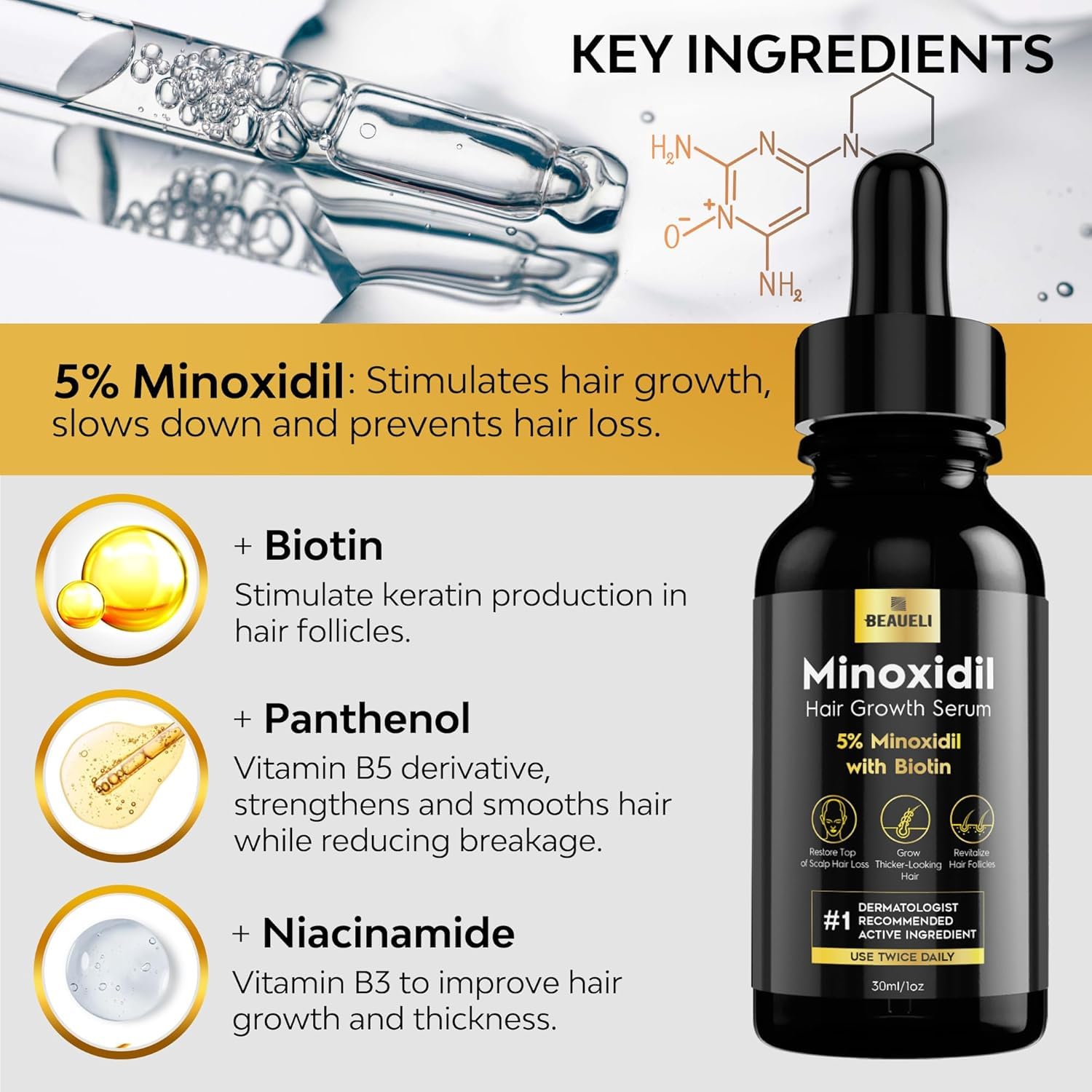 Beaueli 5% Minoxidil Hair & Beard Growth Serum – Extra Strength, Biotin, Unisex (6 Bottles)
