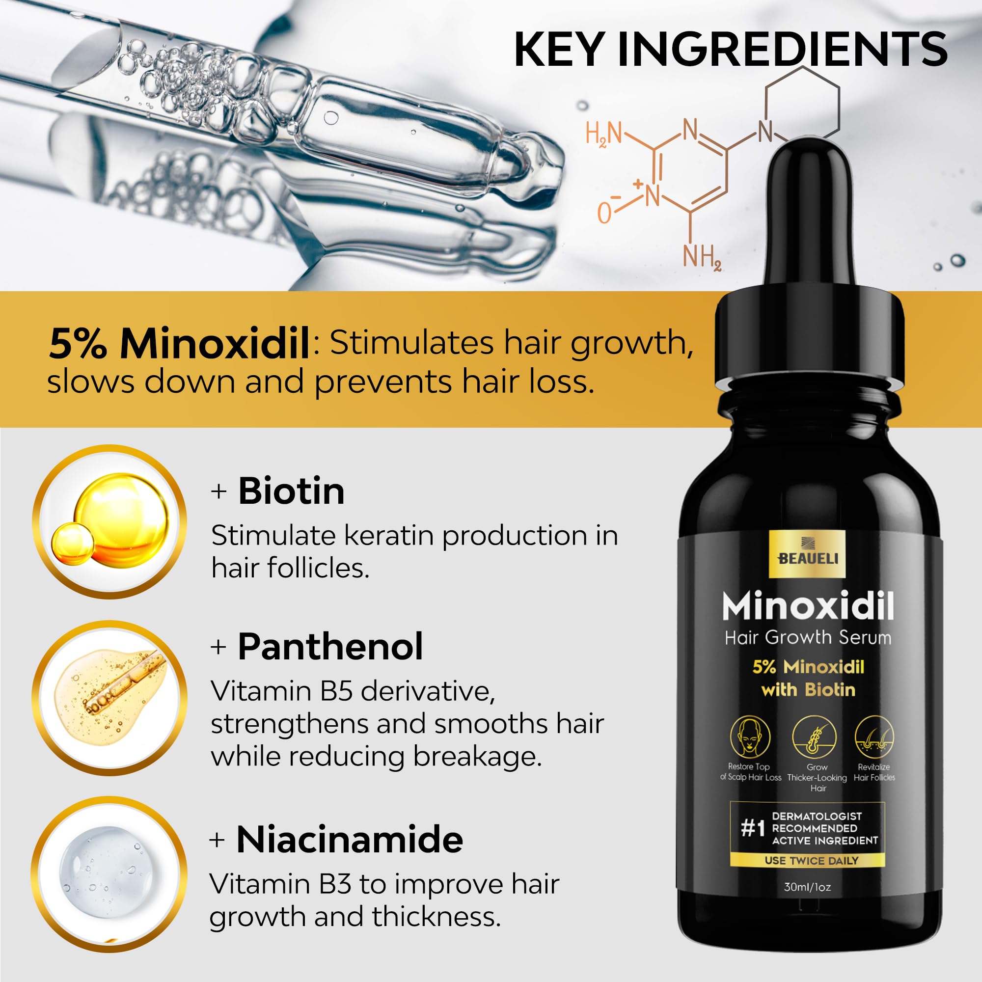 Beaueli 5% Minoxidil for Hair & Beard Growth — Unscented Foam, 3 x 3oz