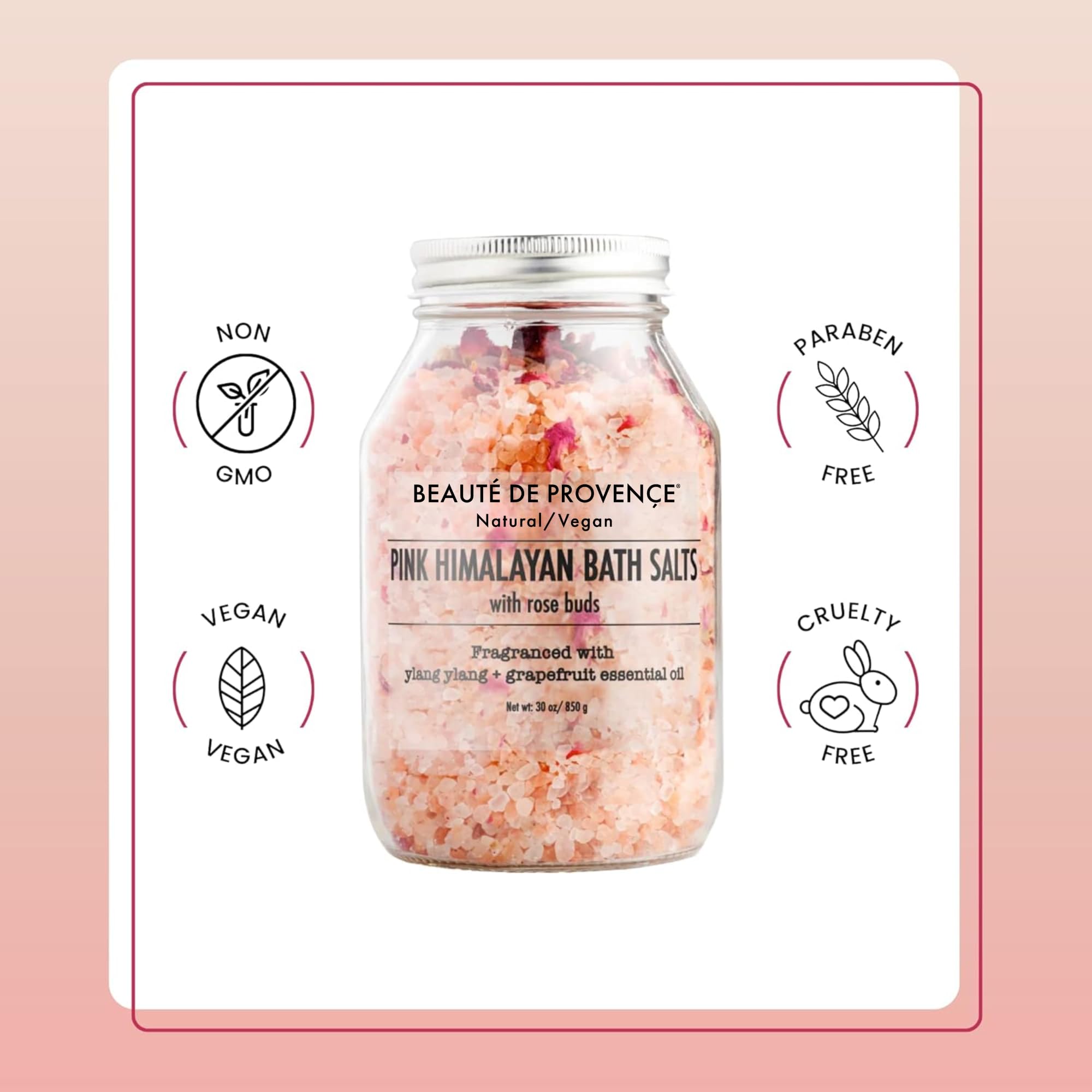BEAUTE DE PROVENCE Pink Himalayan Bath Salt with Rose Petals & Ylang Grapefruit Essential Oil