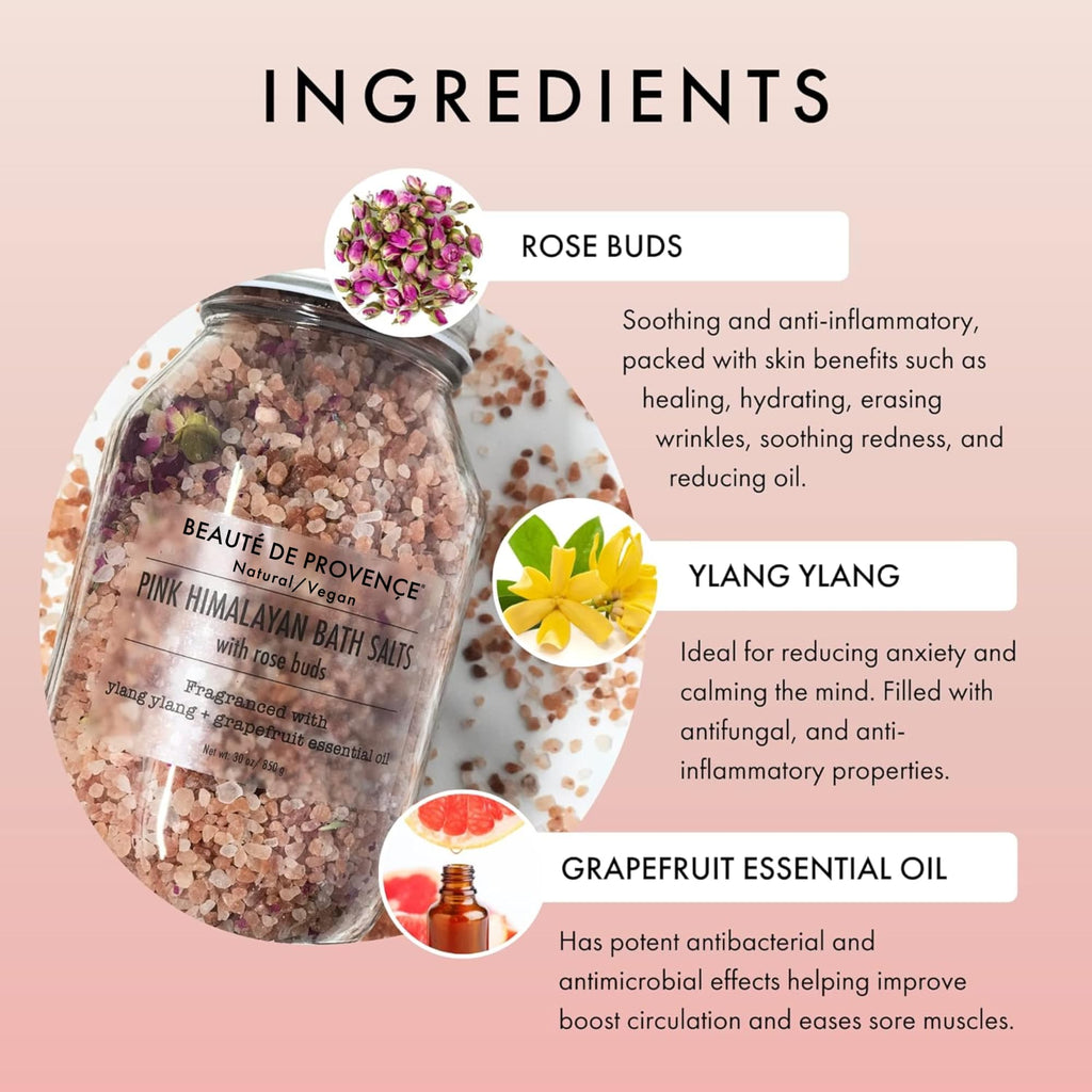 BEAUTE DE PROVENCE Pink Himalayan Bath Salt with Rose Petals & Ylang Grapefruit Essential Oil