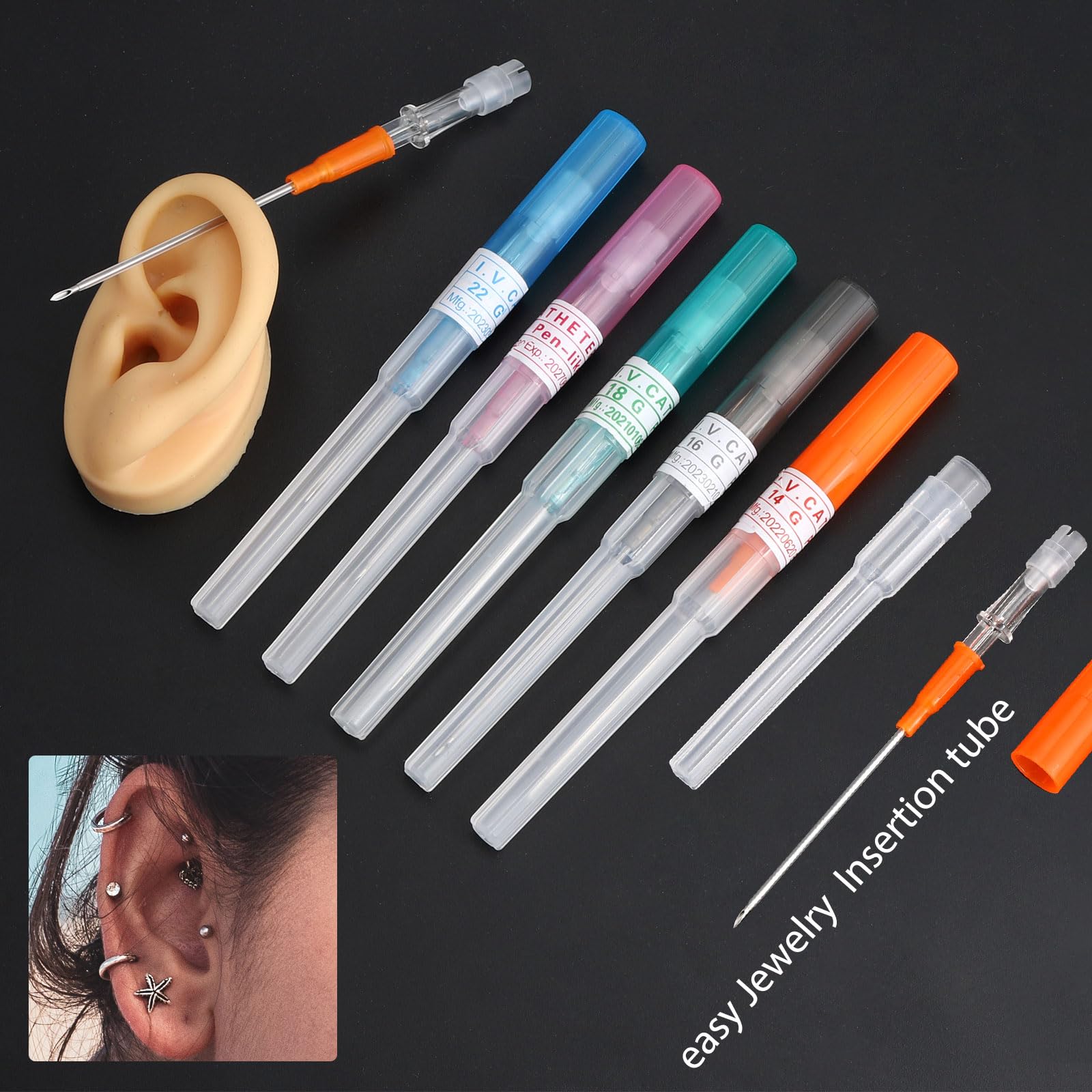 Beautidots 50Pcs Piercing Needles 14G-22G | Disposable Stainless Steel Catheter Needles for Ear, Nose & More