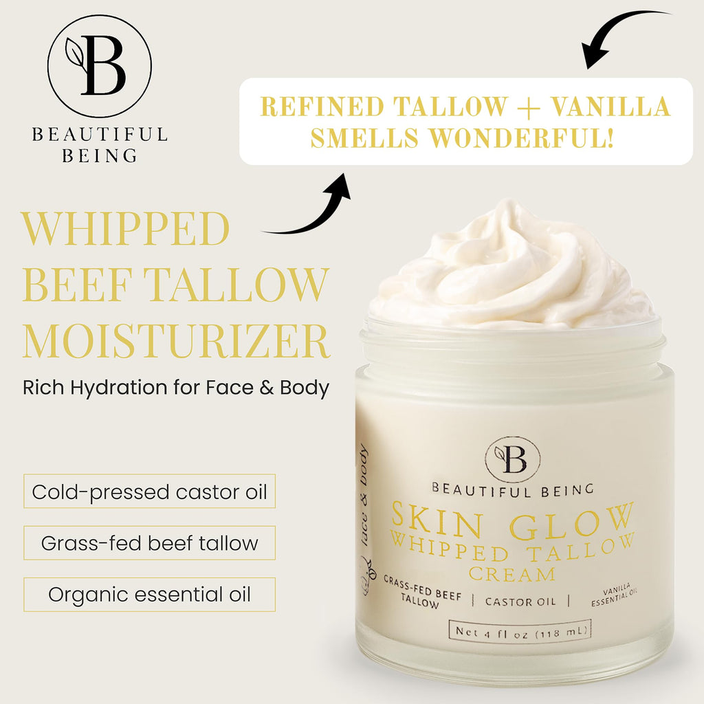 Beautiful Being Skin Glow – Grass-Fed Whipped Beef Tallow for Mature Skin | Gentle, Non-Toxic Face & Body Cream with Vanilla (4oz)
