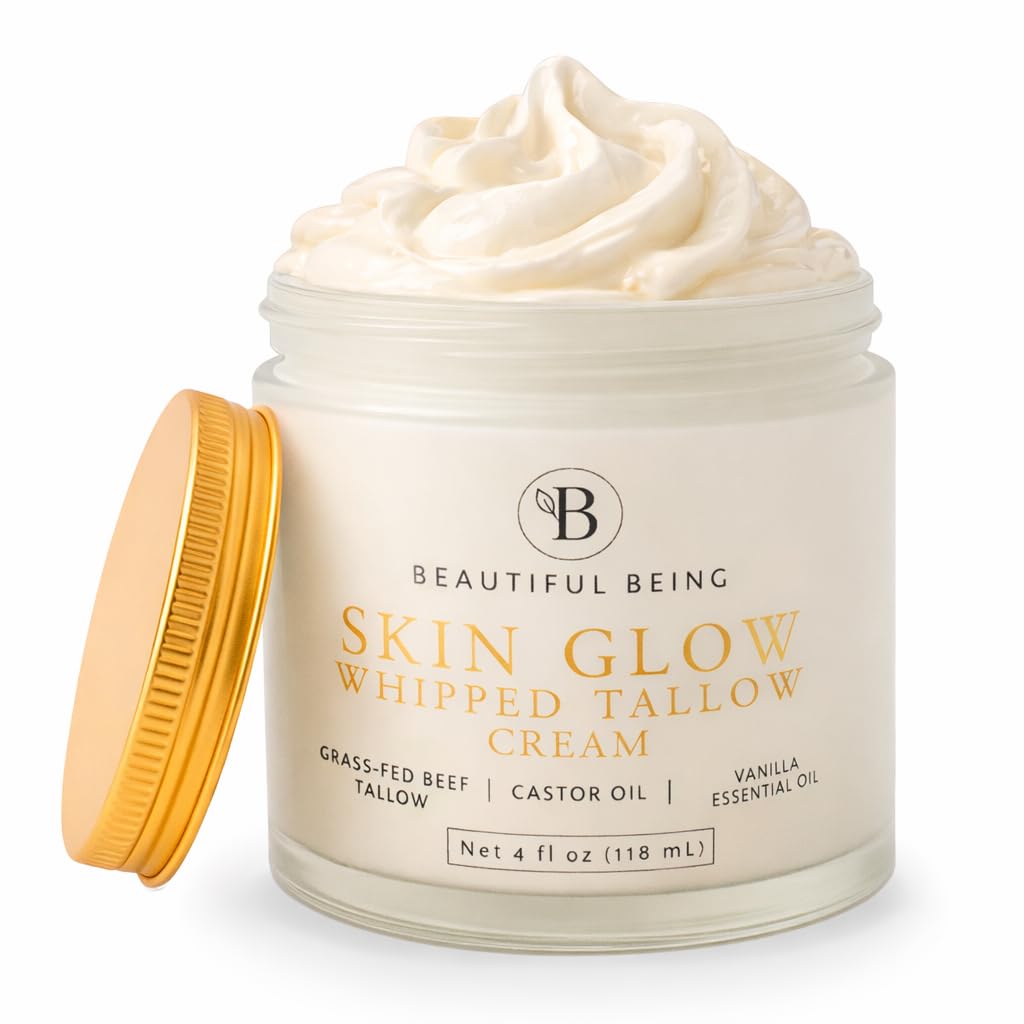 Beautiful Being Skin Glow – Grass-Fed Whipped Beef Tallow for Mature Skin | Gentle, Non-Toxic Face & Body Cream with Vanilla (4oz)