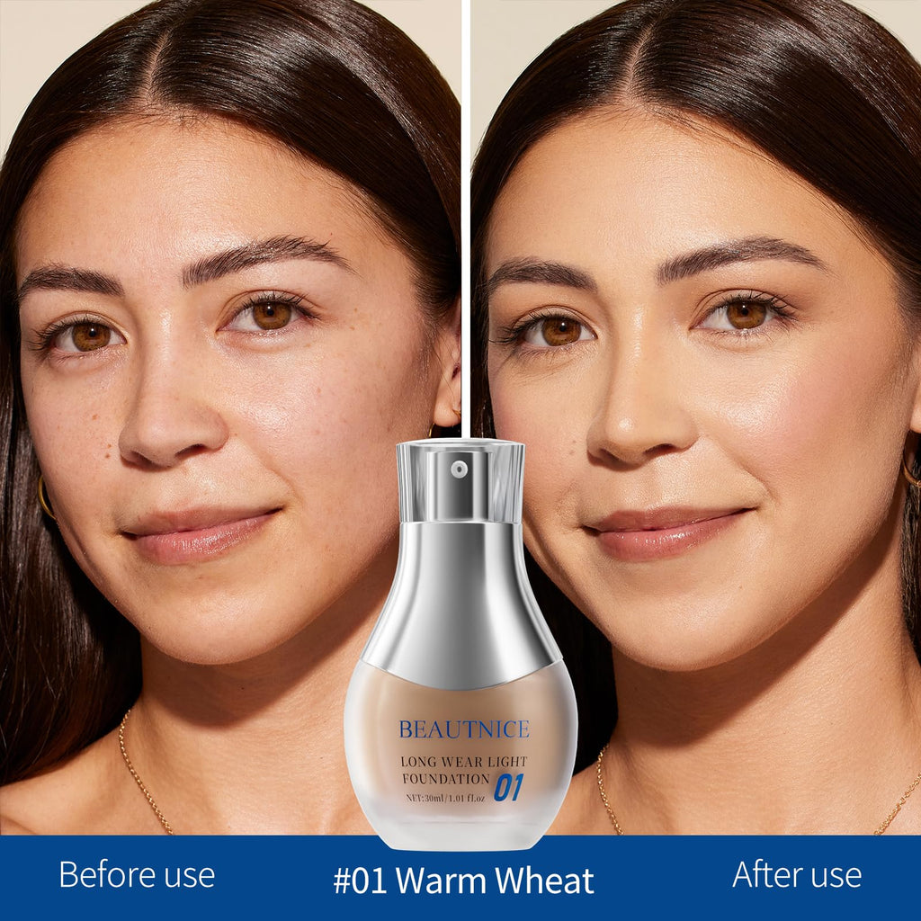 BEAUTNICE Long Wear Light Foundation - 8H Full Coverage, Velvet Matte Finish, Sweat & Oil Resistant, #01 Warm Wheat