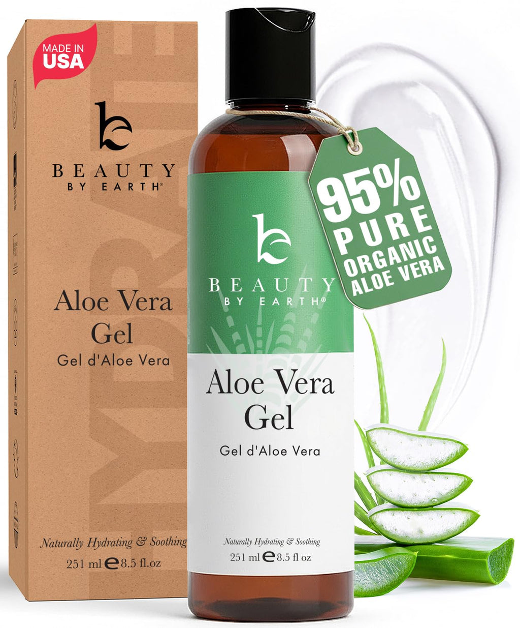 Beauty by Earth Aloe Vera Gel – USA Made with Organic Aloe, Vitamin C & E for Face, Skin & Hair