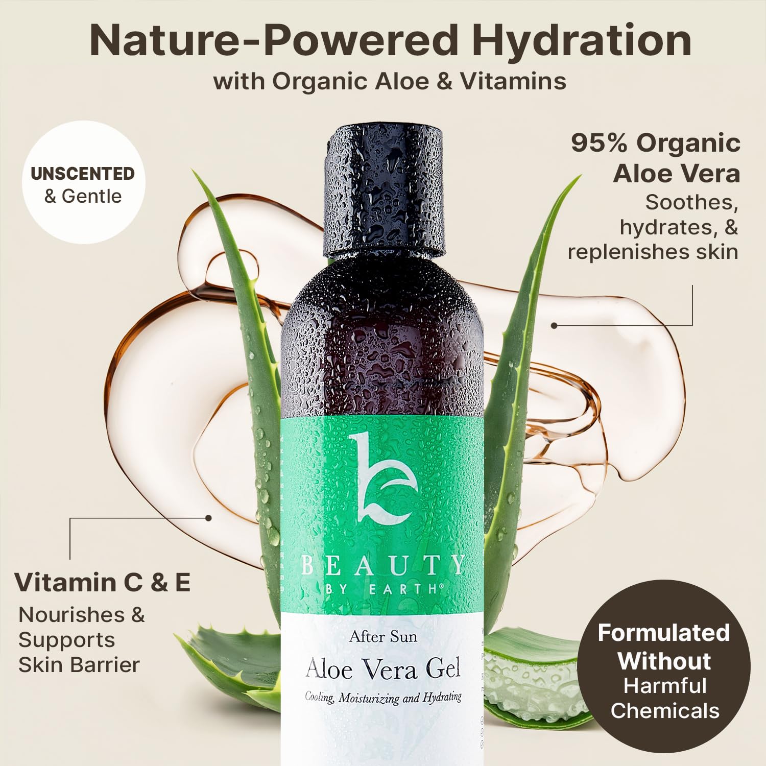 Beauty by Earth Aloe Vera Gel – USA Made with Organic Aloe, Vitamin C & E for Face, Skin & Hair