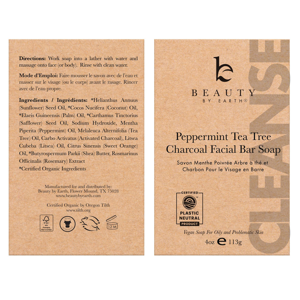 Beauty by Earth Peppermint Tea Tree Charcoal Bar Soap | USA Made, Natural & Organic for Acne & Oily Skin