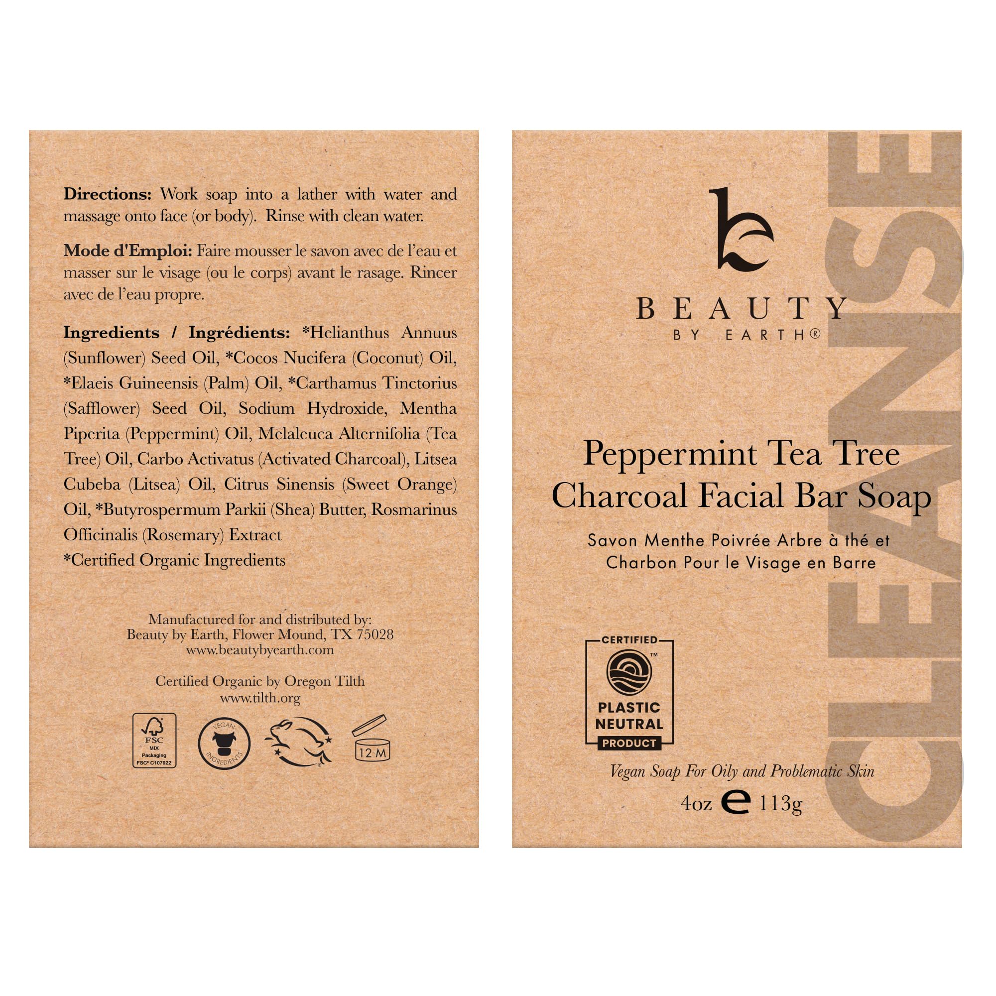 Beauty by Earth Peppermint Tea Tree Charcoal Bar Soap | USA Made, Natural & Organic for Acne & Oily Skin