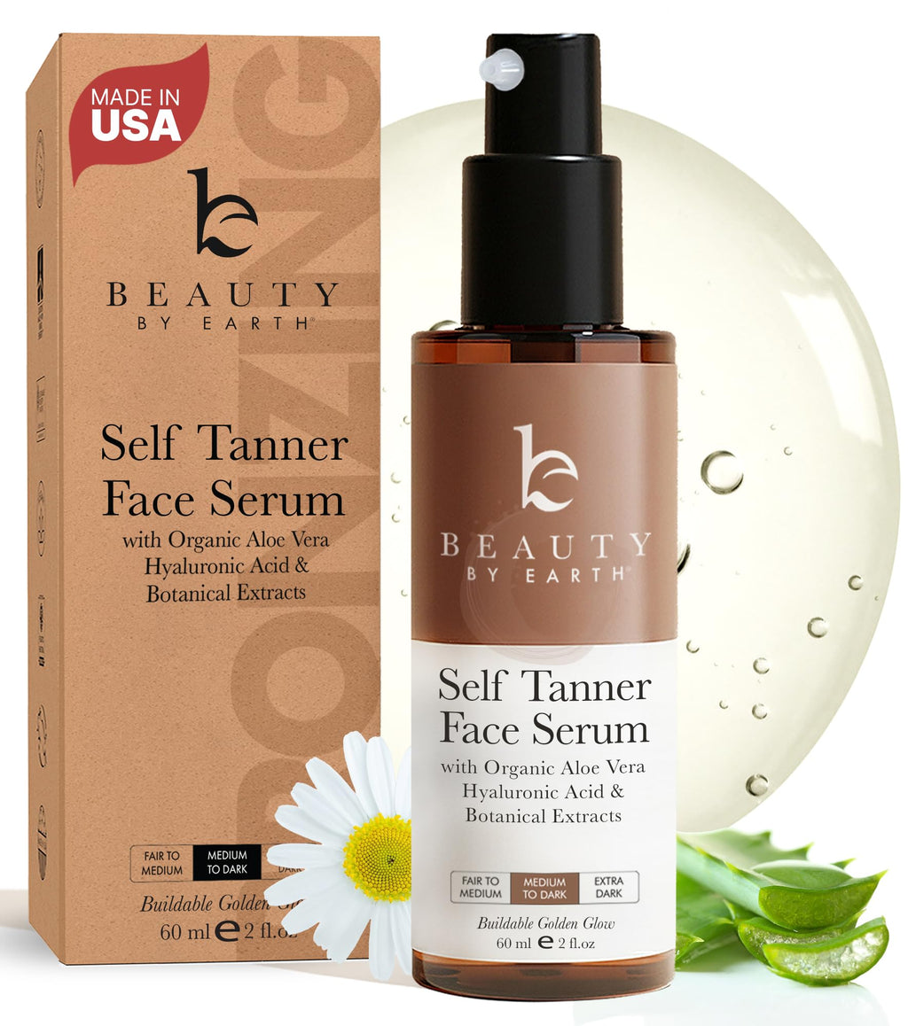 Beauty by Earth Face Tanner Serum – USA Made, Natural & Organic, Hyaluronic Acid, Streak-Free Self Tanner for Face