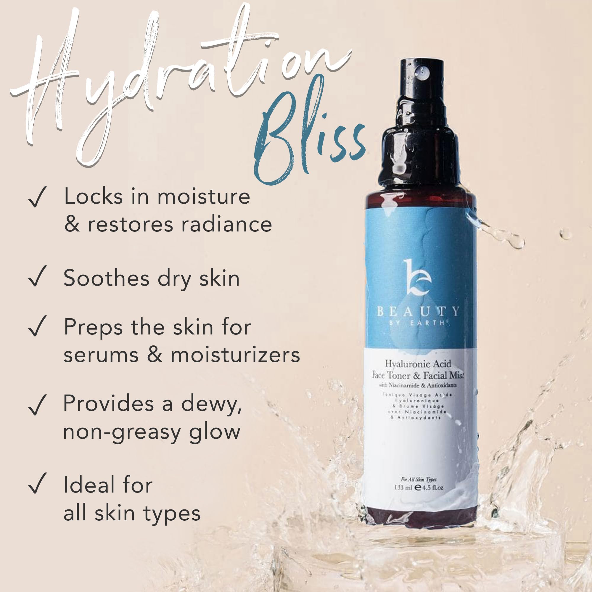 Beauty by Earth Hyaluronic Acid Toner for Face – USA Made, Fragrance-Free Hydration with Niacinamide