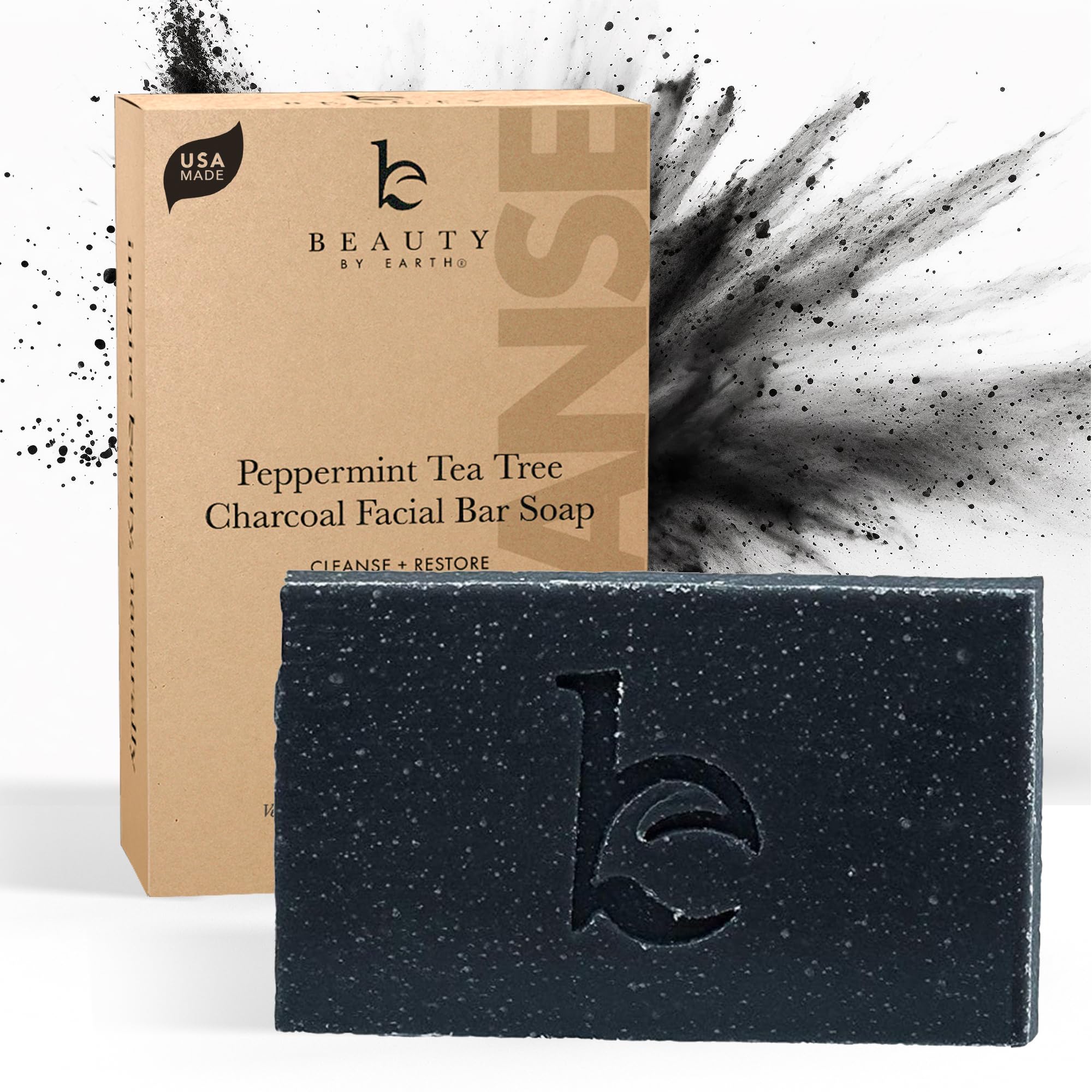 Beauty by Earth Peppermint Tea Tree Charcoal Bar Soap | USA Made, Natural & Organic for Acne & Oily Skin