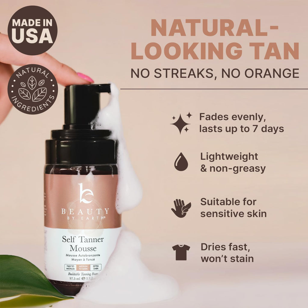Beauty by Earth Self Tanner Mousse – USA Made, Natural Glow, Non-Toxic