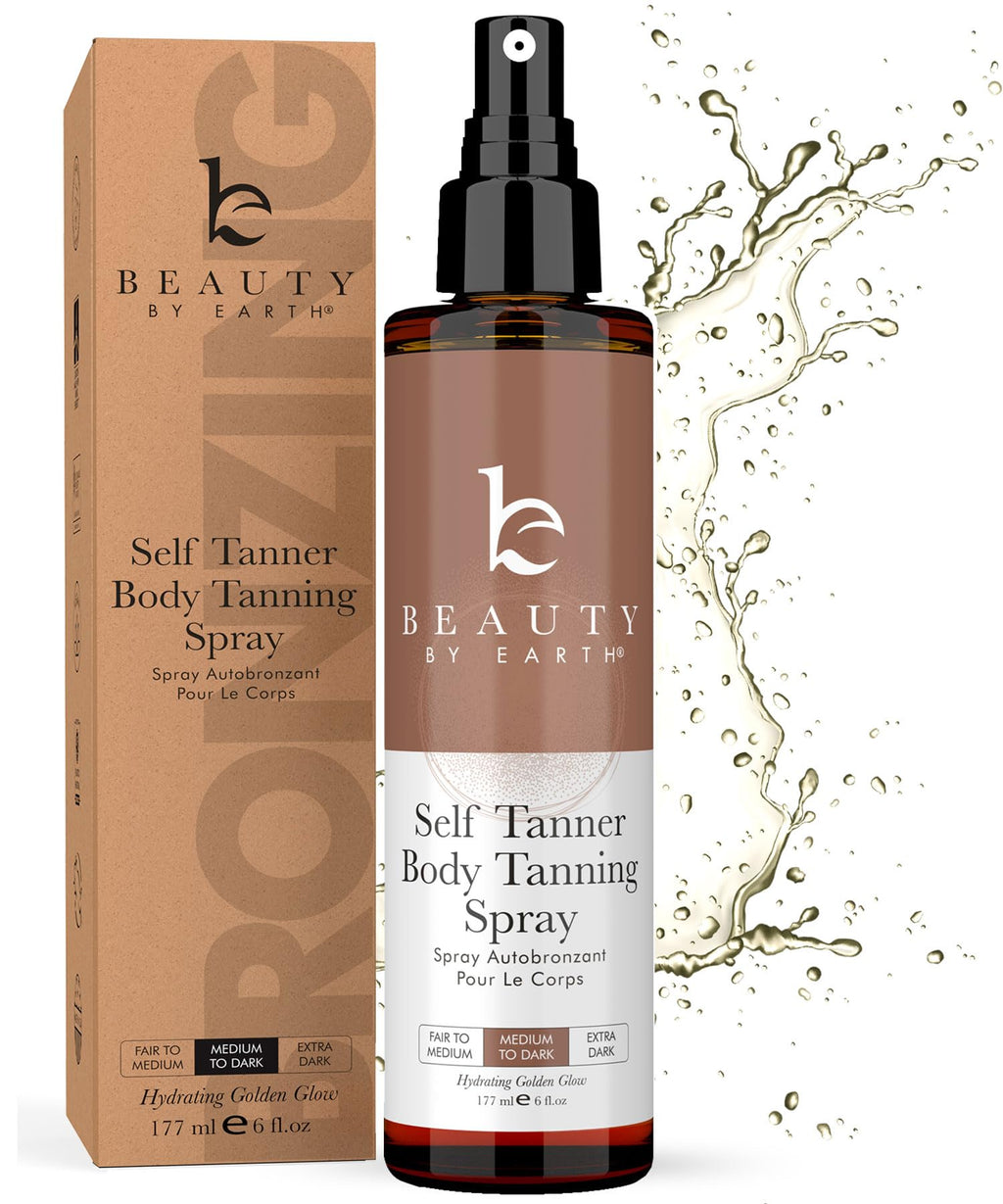 Beauty by Earth Self Tanner Spray – USA Made, Natural & Organic, Quick-Dry Sunless Tan (Light–Dark)