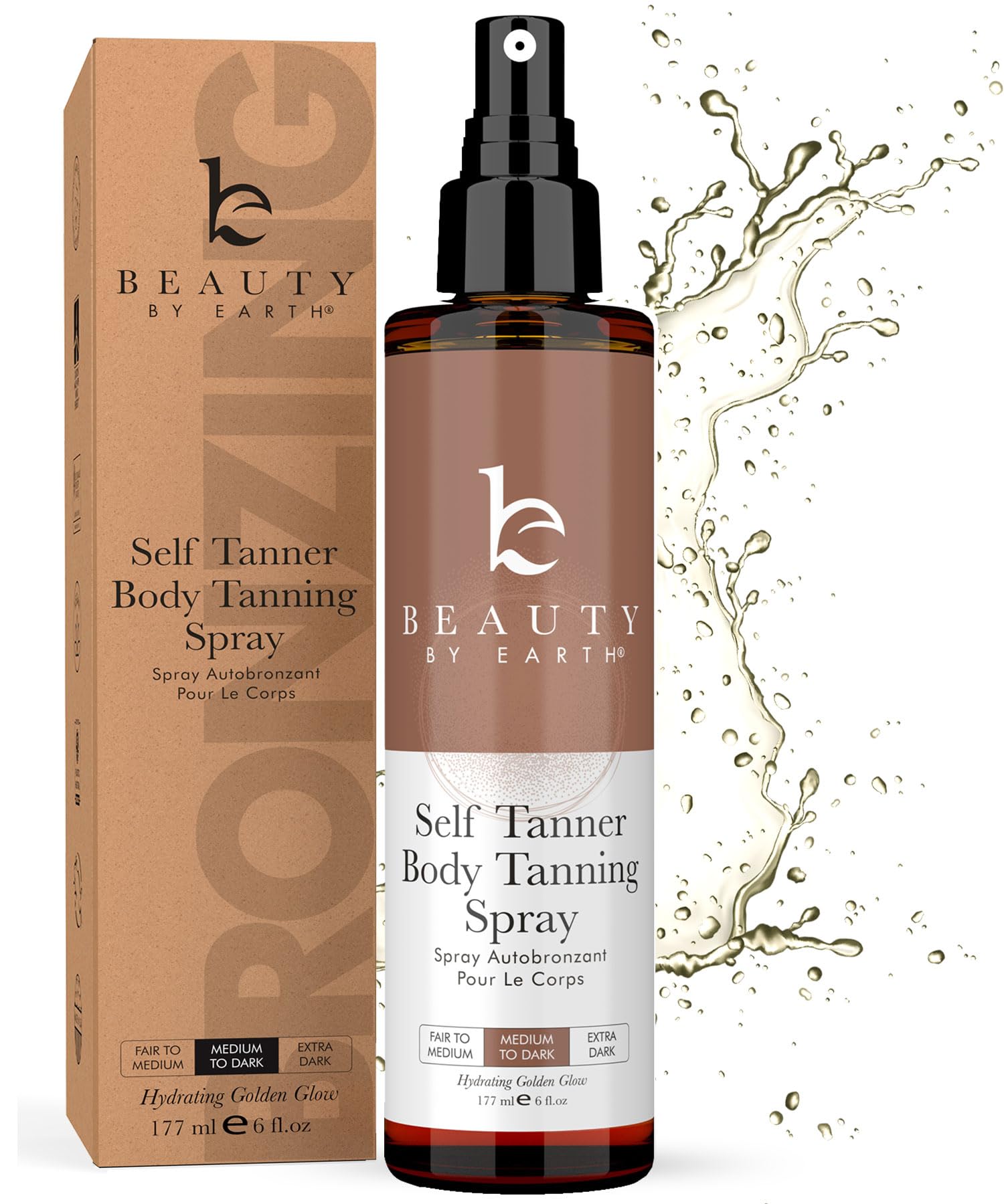 Beauty by Earth Self Tanner Spray – USA Made, Natural & Organic, Quick-Dry Sunless Tan (Light–Dark)