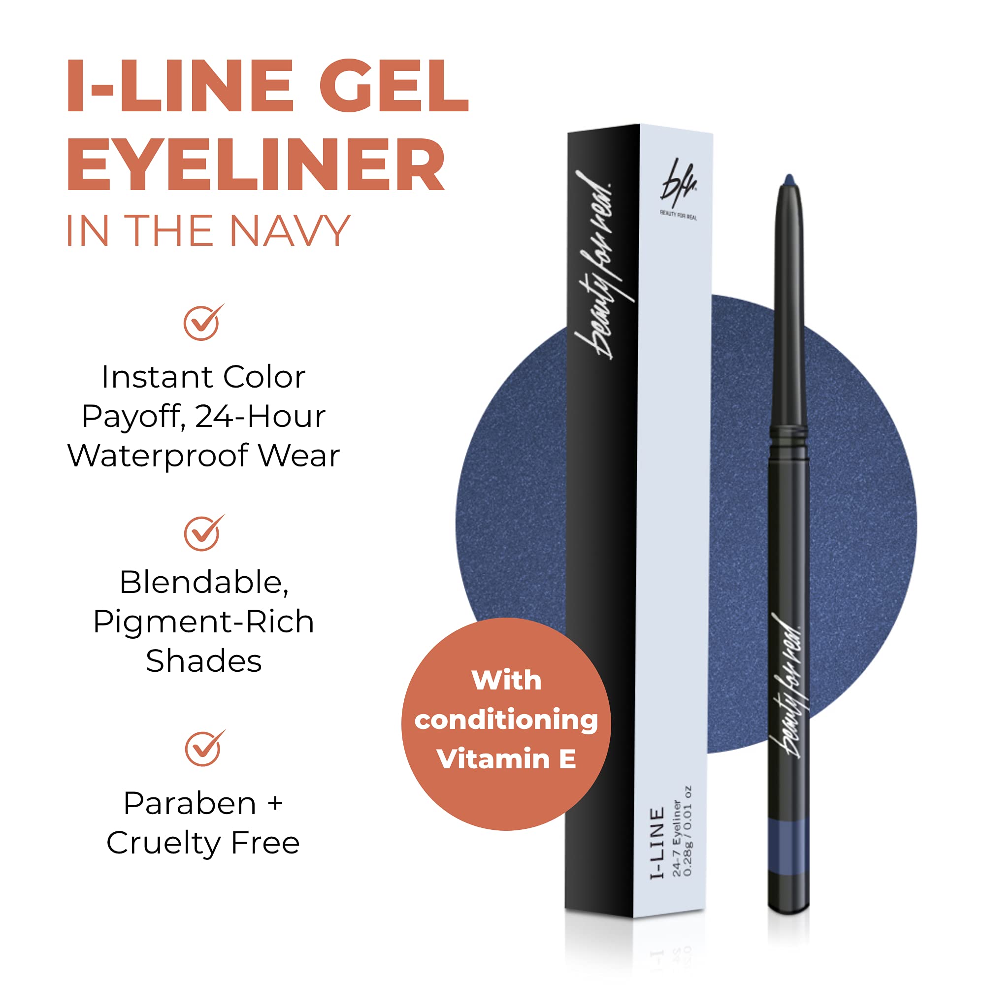 Beauty For Real I-Line 24-7 Eyeliner in Navy - Waterproof Gel, Safe for Sensitive Eyes